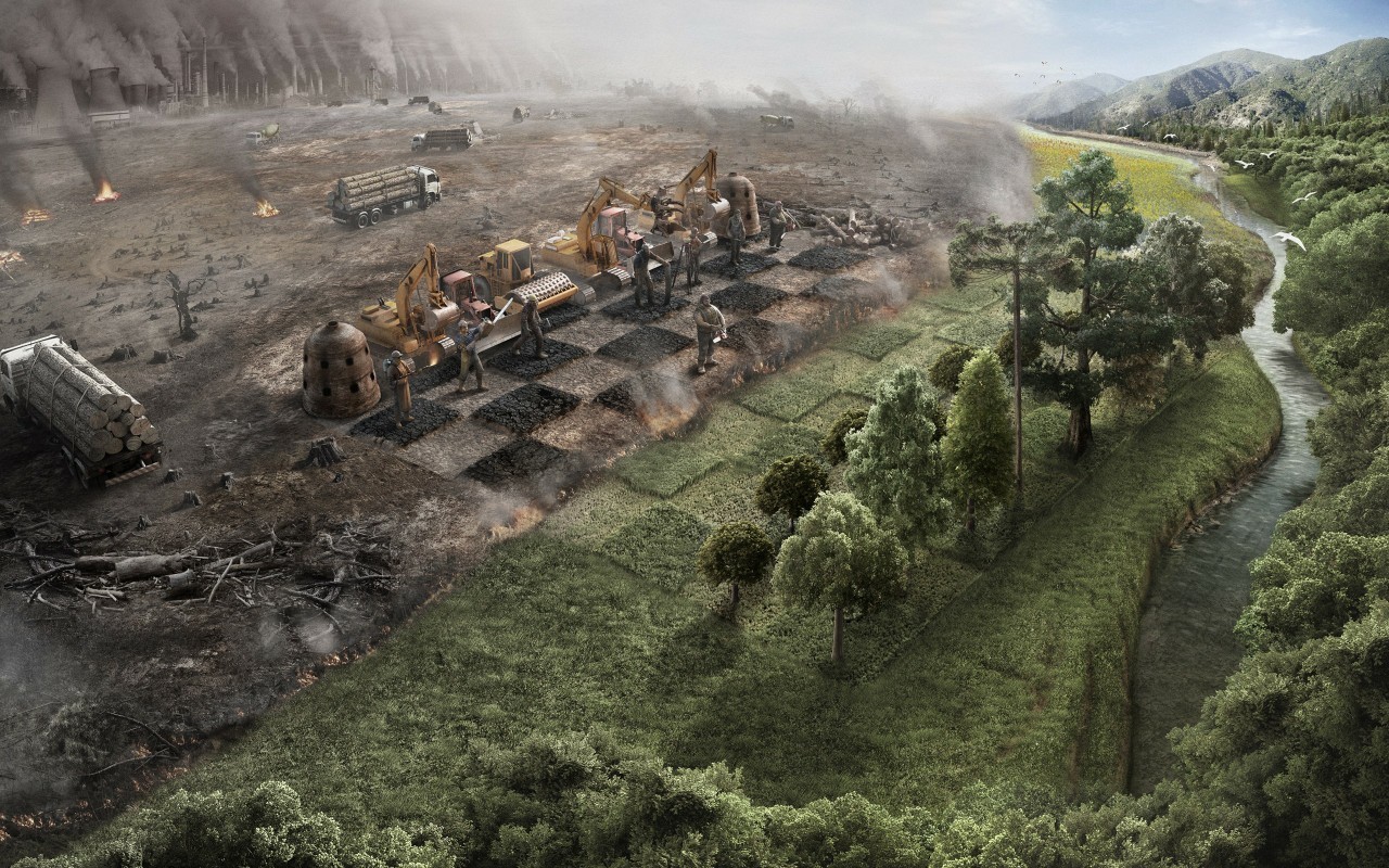 Digital art depicting environmental destruction and nature HD Wallpaper