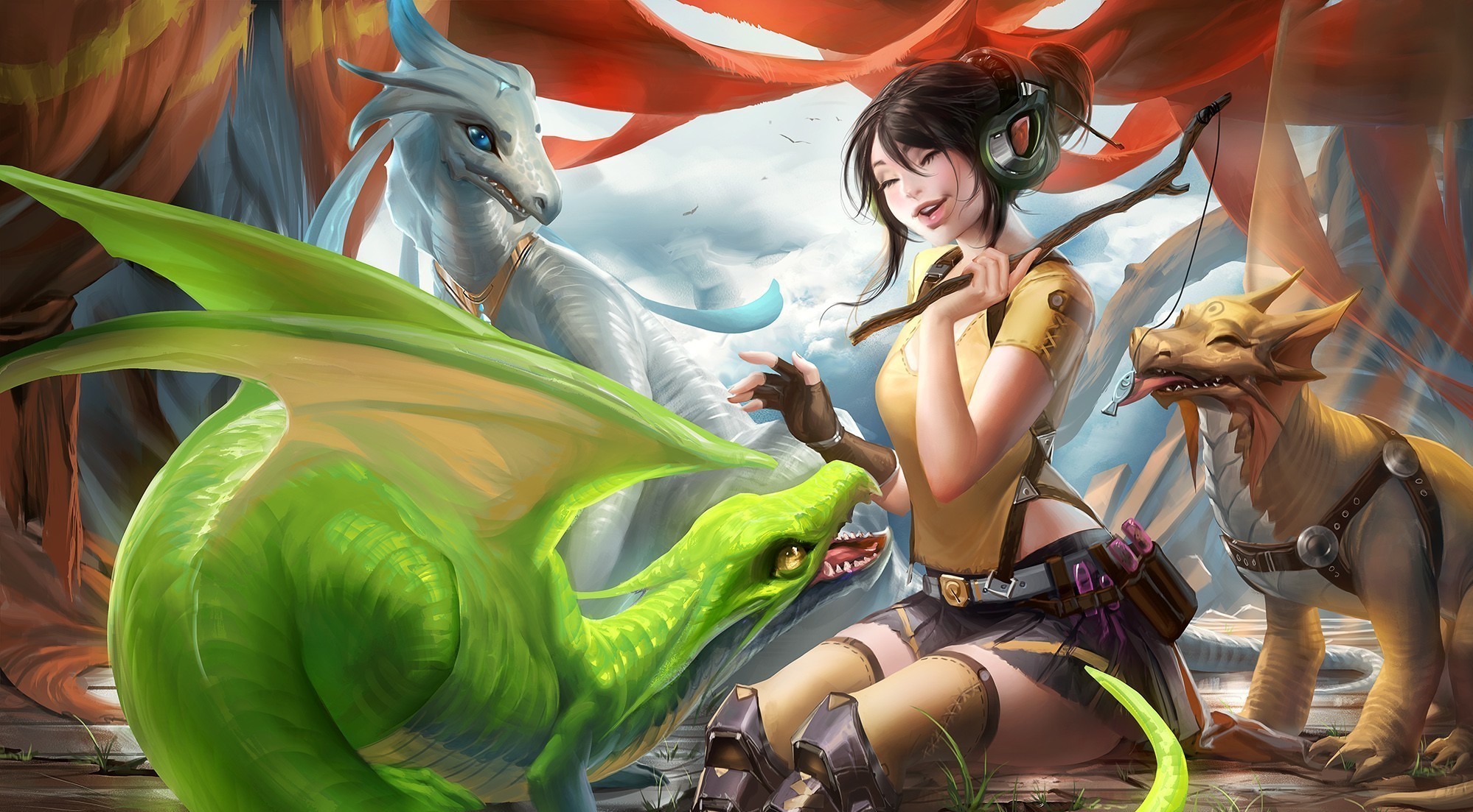 Fantasy art of a woman with dragons HD Wallpaper