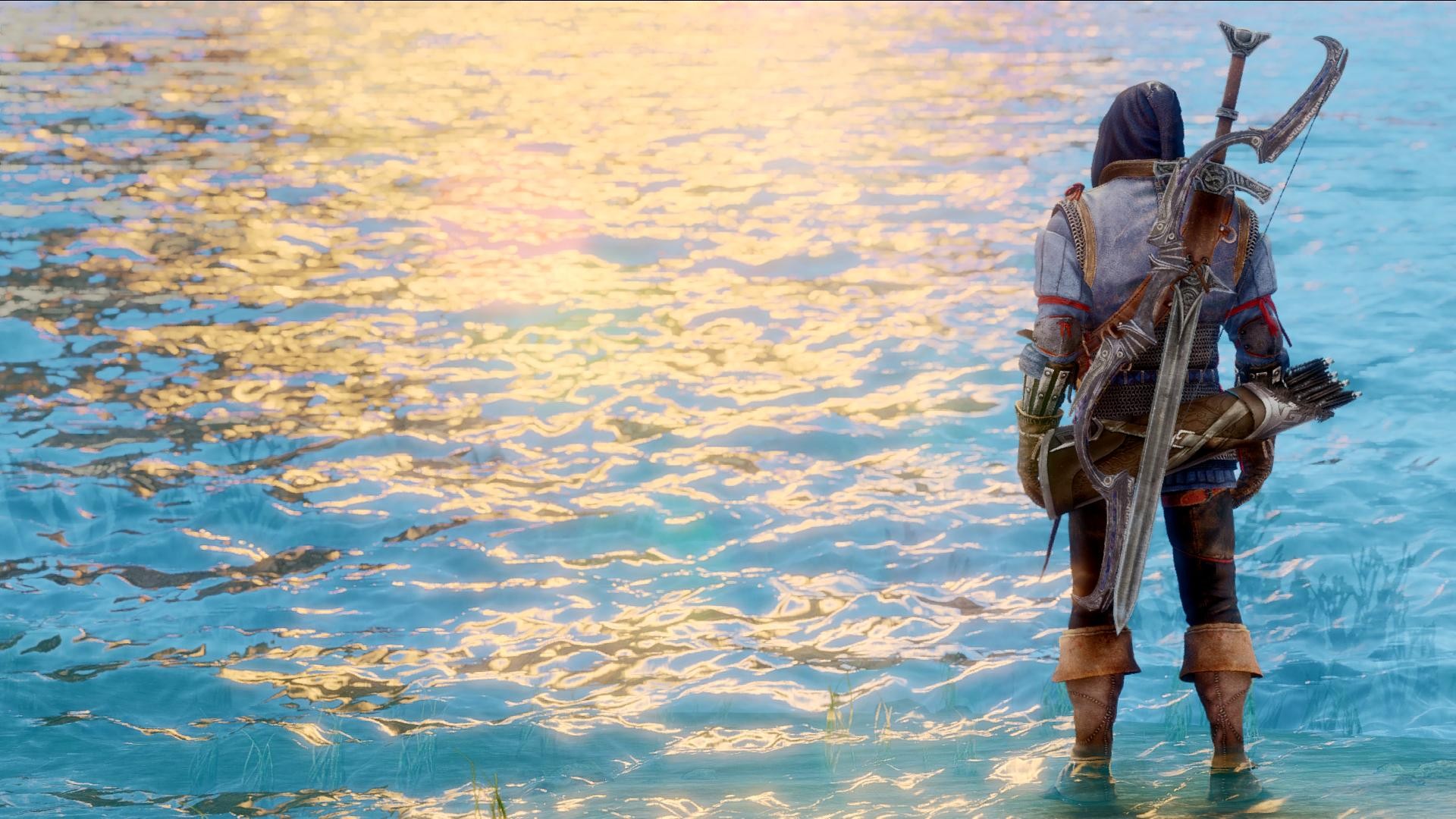 Archer with bow and sword standing in water HD Wallpaper