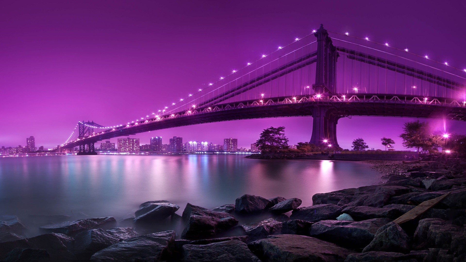 Purple bridge over river with city skyline HD Wallpaper