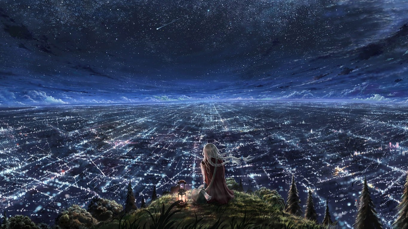 Girl with lantern overlooking a starry cityscape at night HD Wallpaper