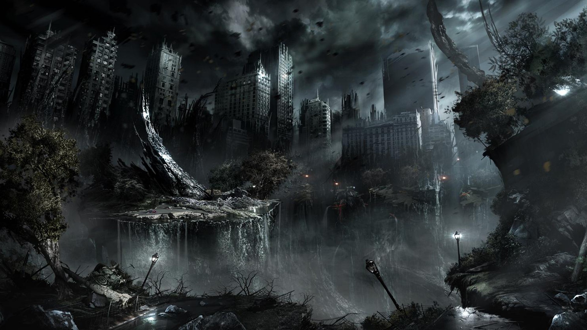 Post-apocalyptic city with ruined skyscrapers and overgrown nature HD Wallpaper