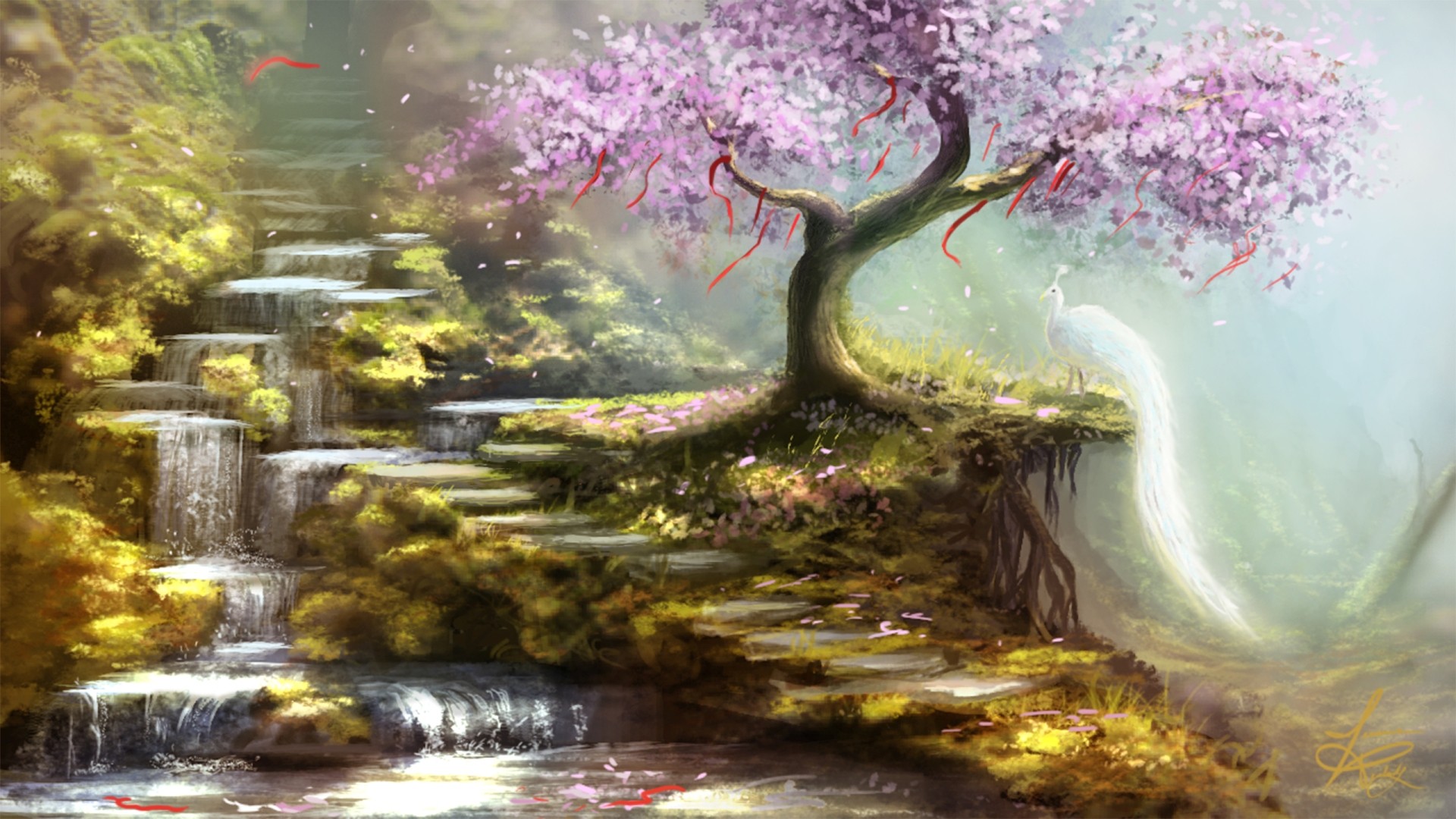 Fantasy art of a magical garden with a peacock HD Wallpaper