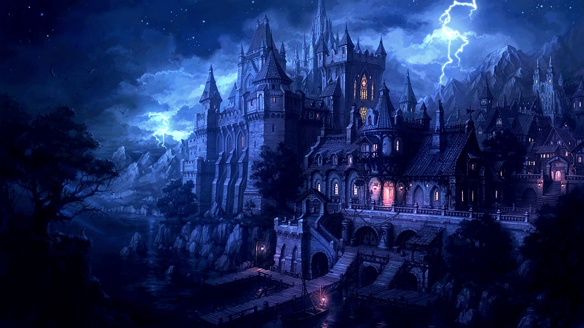 Fantasy castle on a rocky cliff during a lightning storm HD Wallpaper