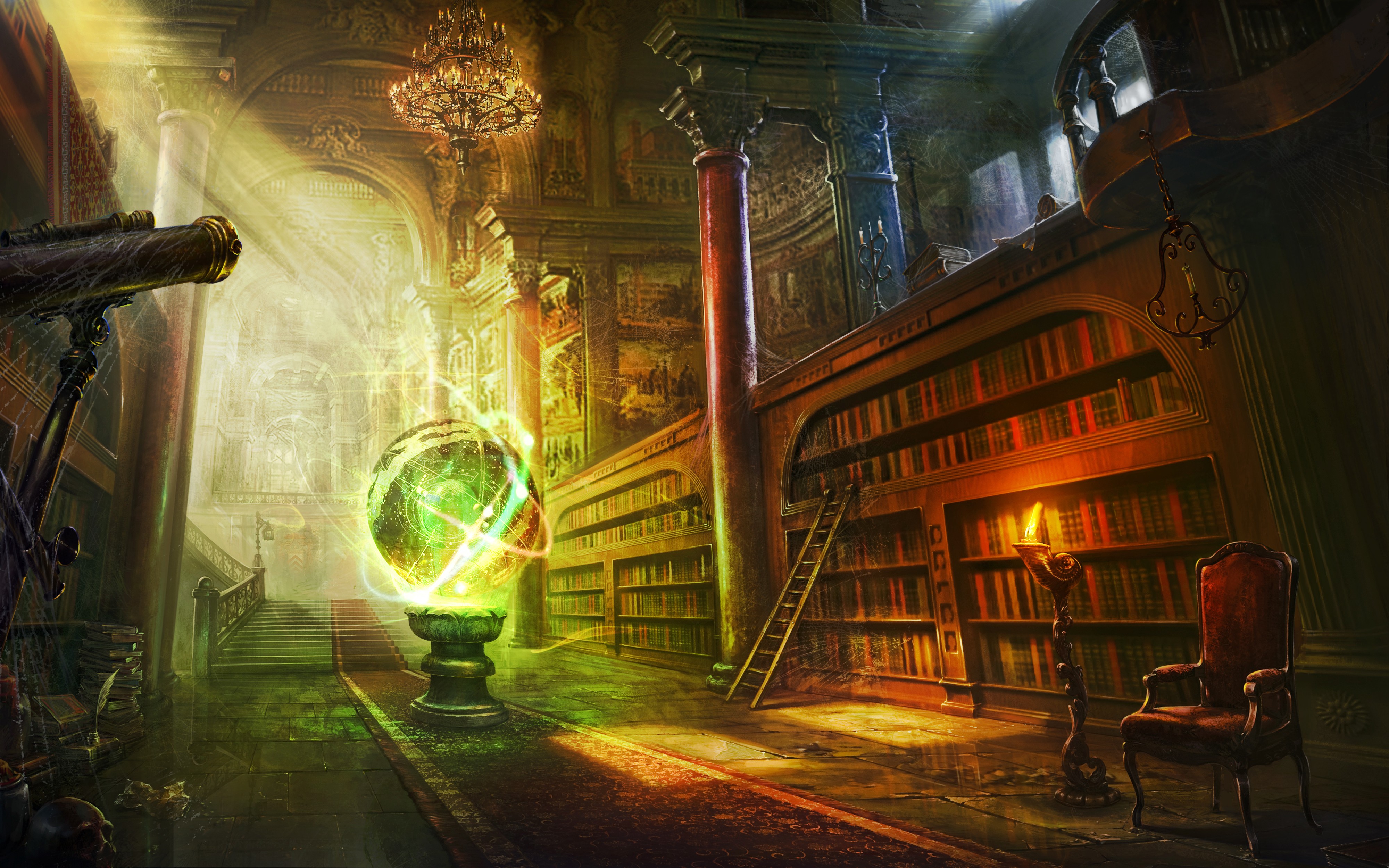 Fantasy library with glowing orb and telescope HD Wallpaper