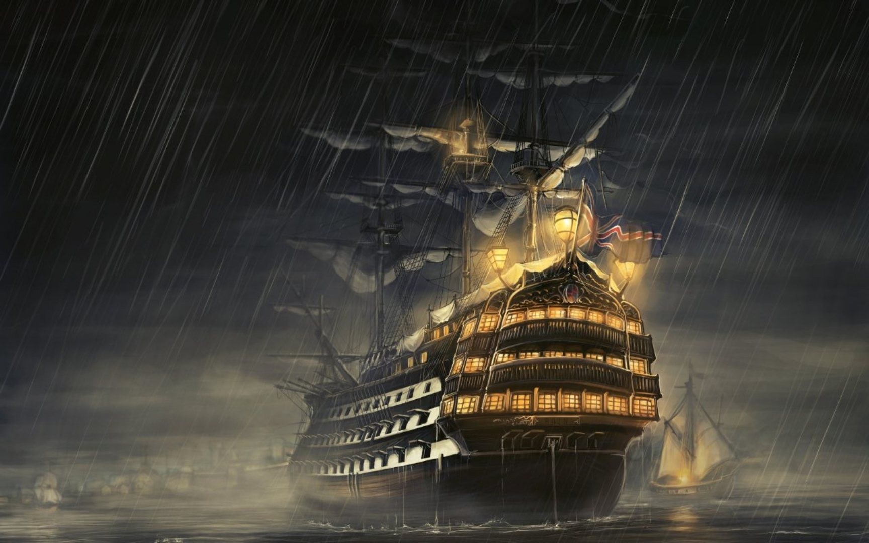 A large sailing ship in the rain HD Wallpaper