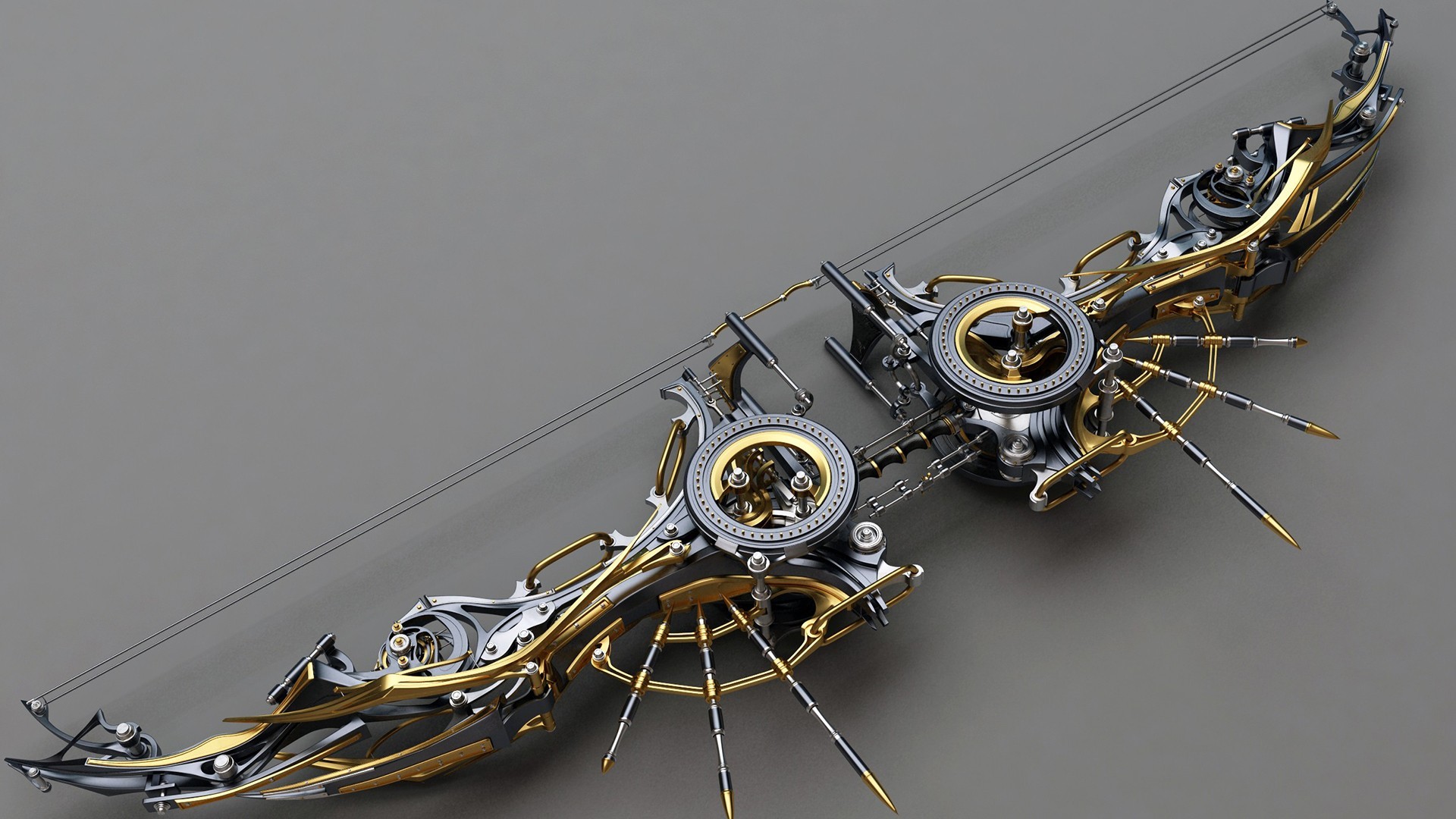 Steampunk science fiction bow with intricate mechanical details HD Wallpaper