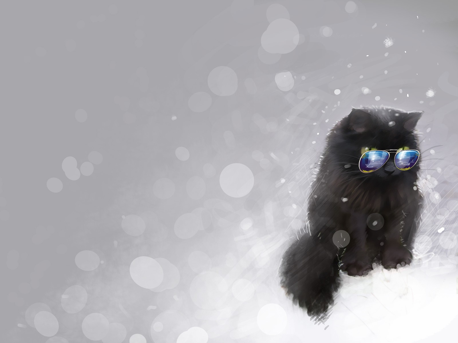 Black cat wearing sunglasses in the snow HD Wallpaper