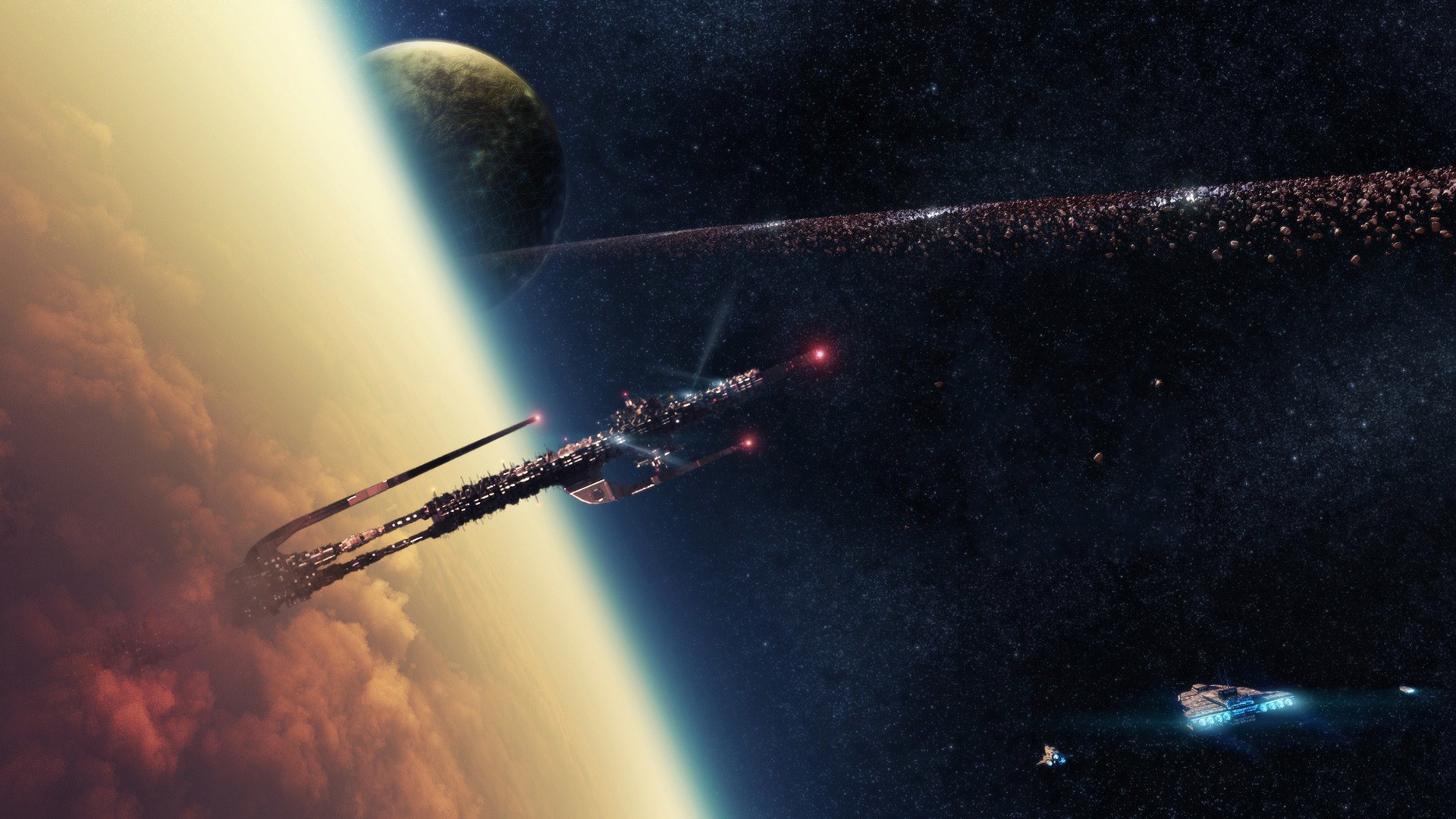 Spaceship near a ringed planet and asteroid belt HD Wallpaper