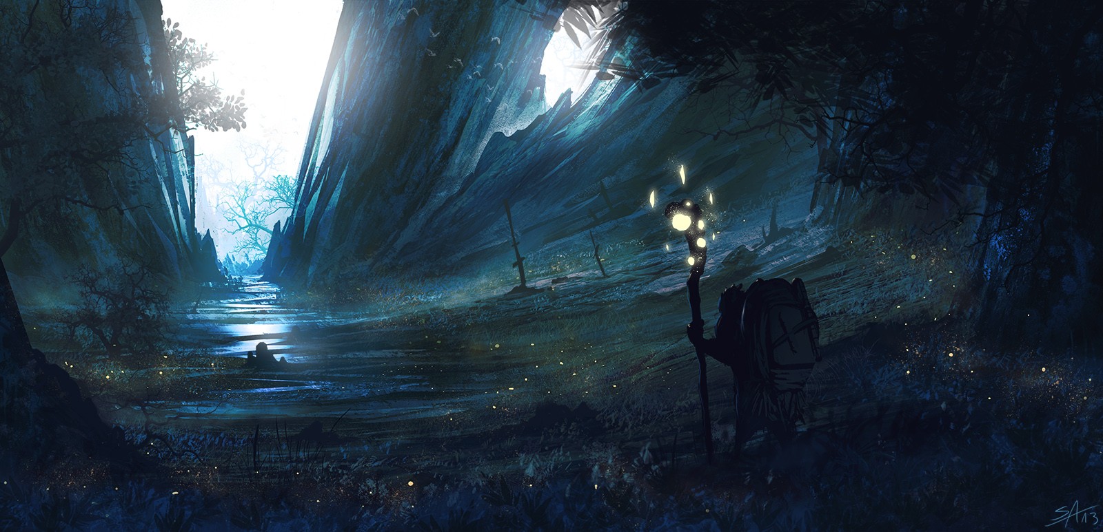 Fantasy art of a traveler with a glowing staff HD Wallpaper