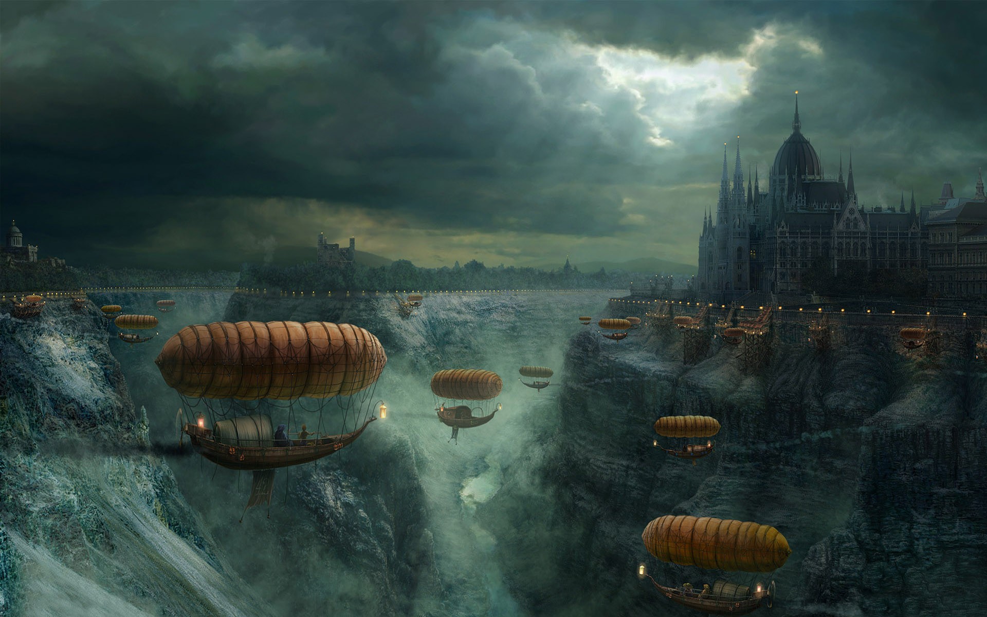 Steampunk airships over a canyon city HD Wallpaper