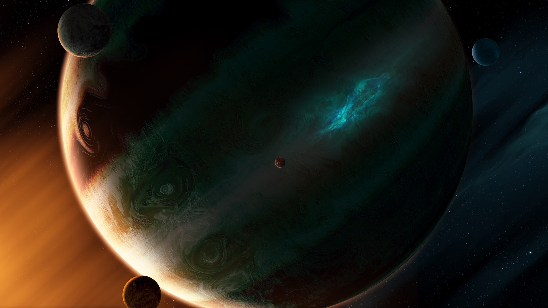 Digital art of planets and moons in space HD Wallpaper