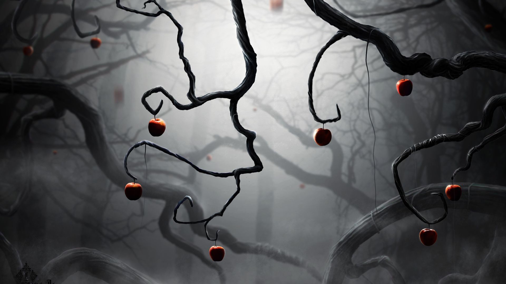 Dark fantasy art with apples on bare branches HD Wallpaper