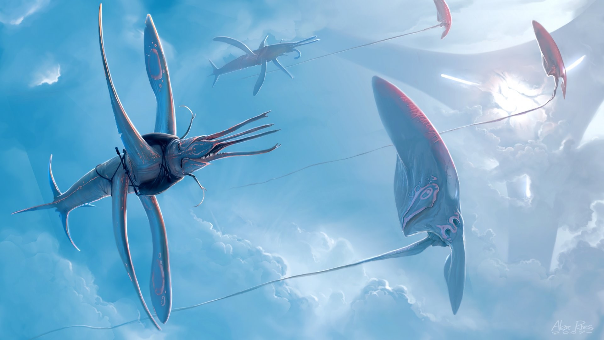 Fantasy creatures flying through clouds HD Wallpaper