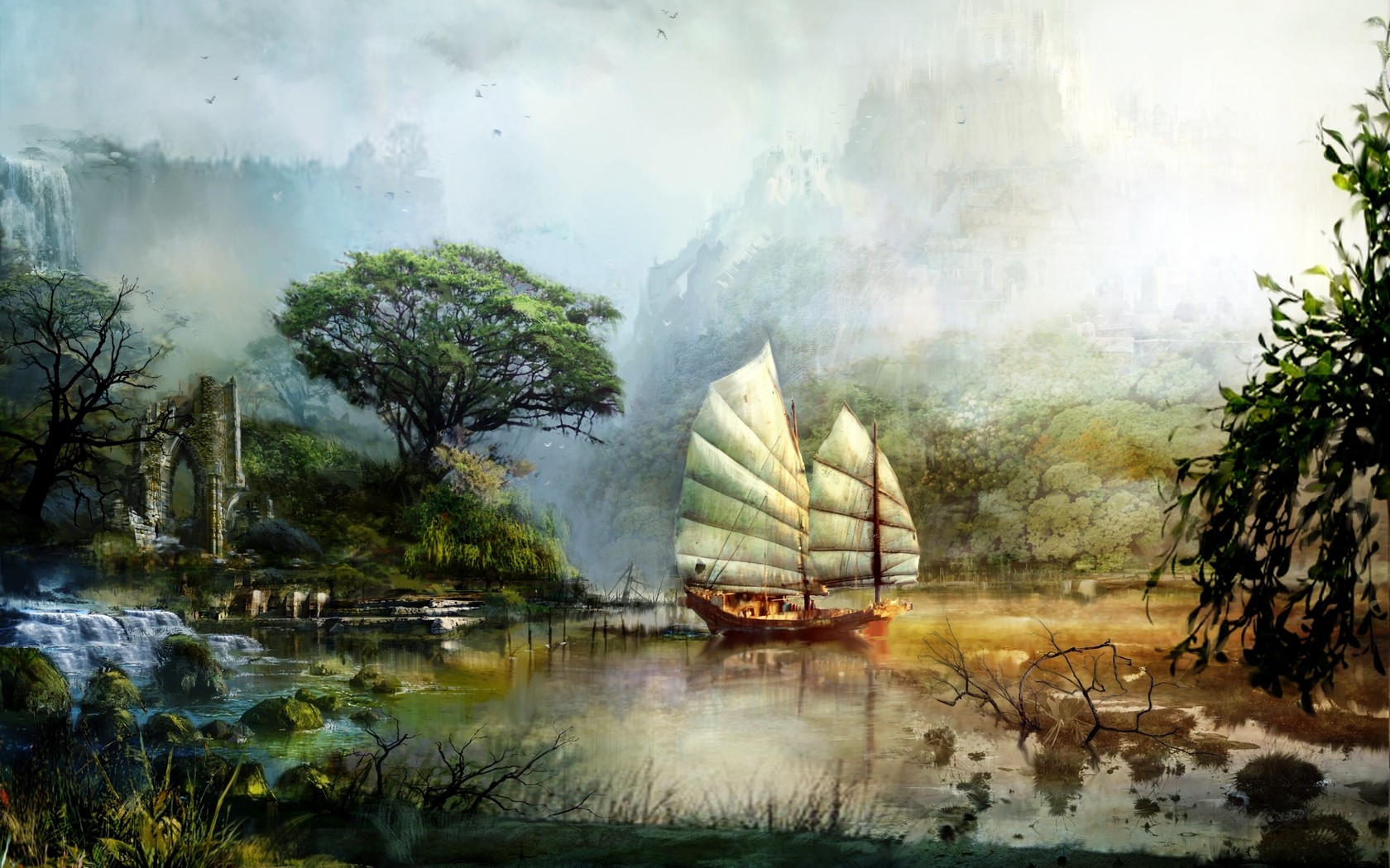 Fantasy art of a junk boat on a misty river HD Wallpaper