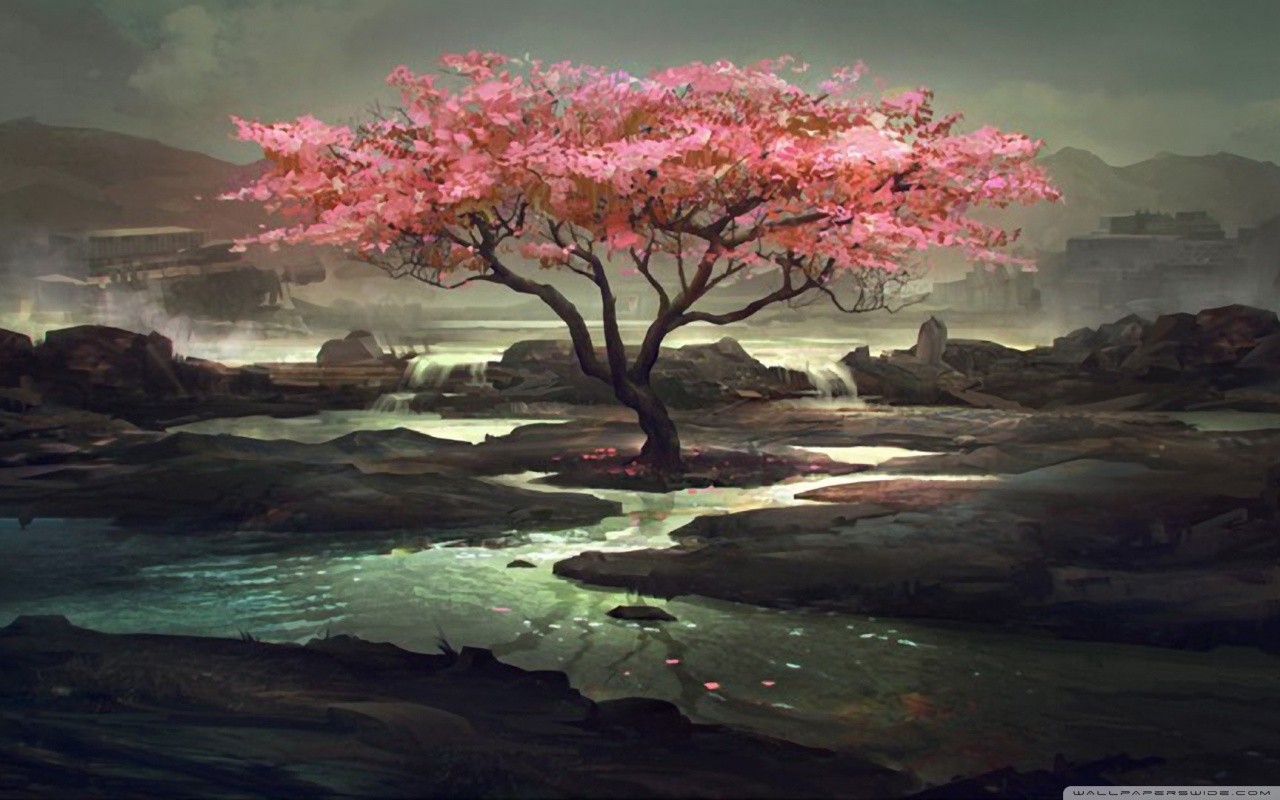 Fantasy art of a cherry blossom tree by a stream HD Wallpaper