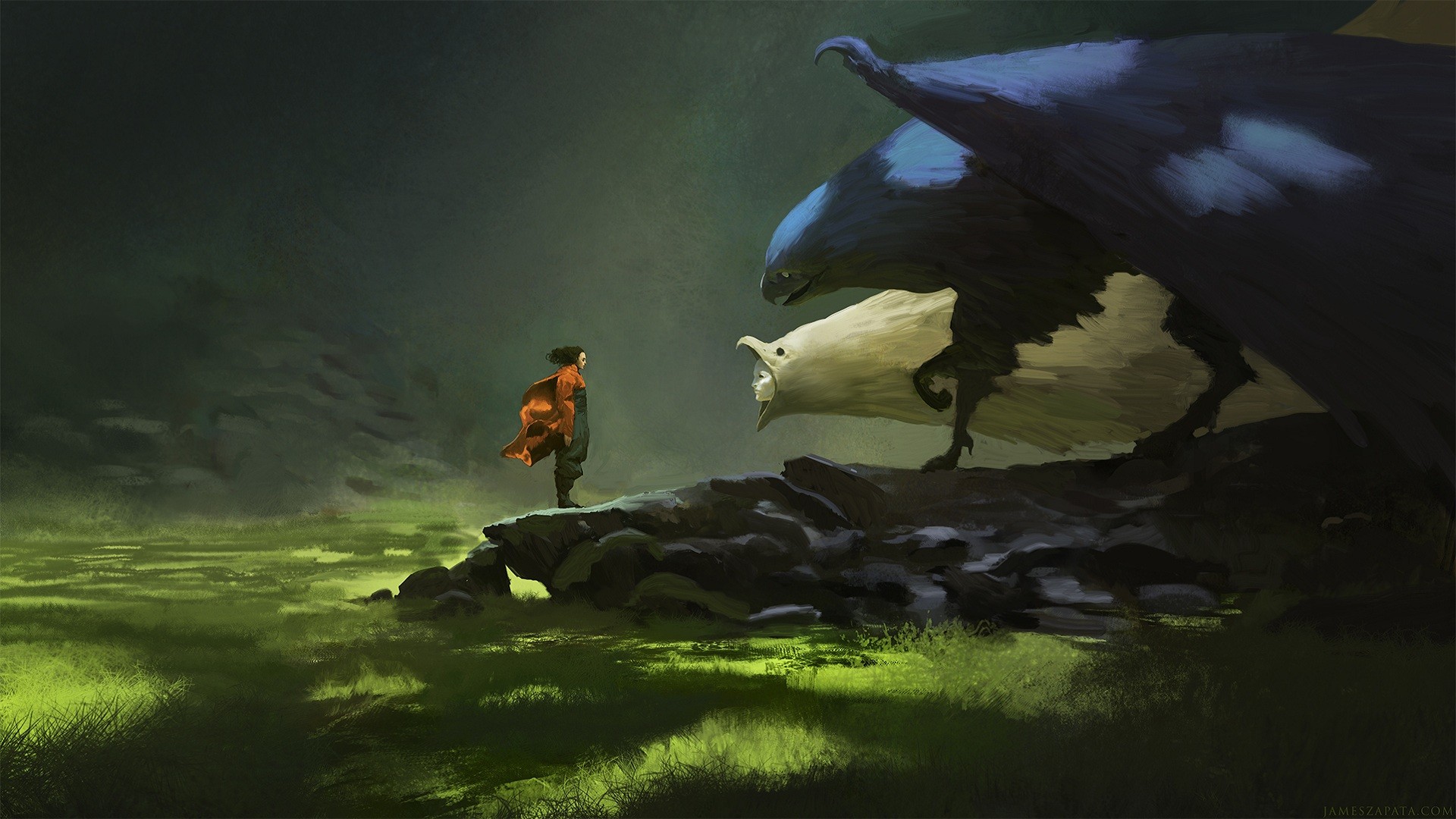 A person faces two griffins in a grassy landscape HD Wallpaper