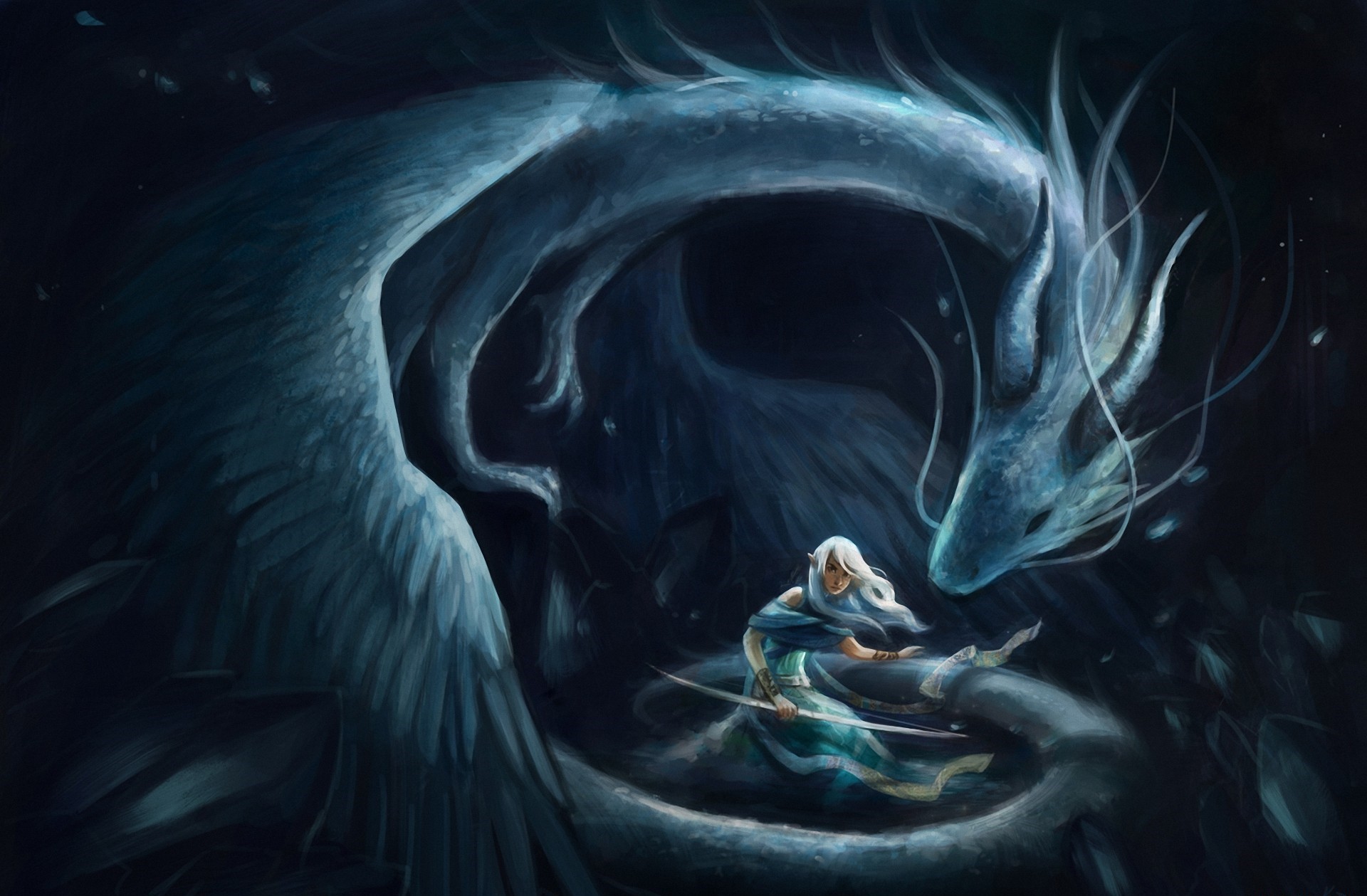 Dragon and Elf in a Dark Fantasy Setting HD Wallpaper