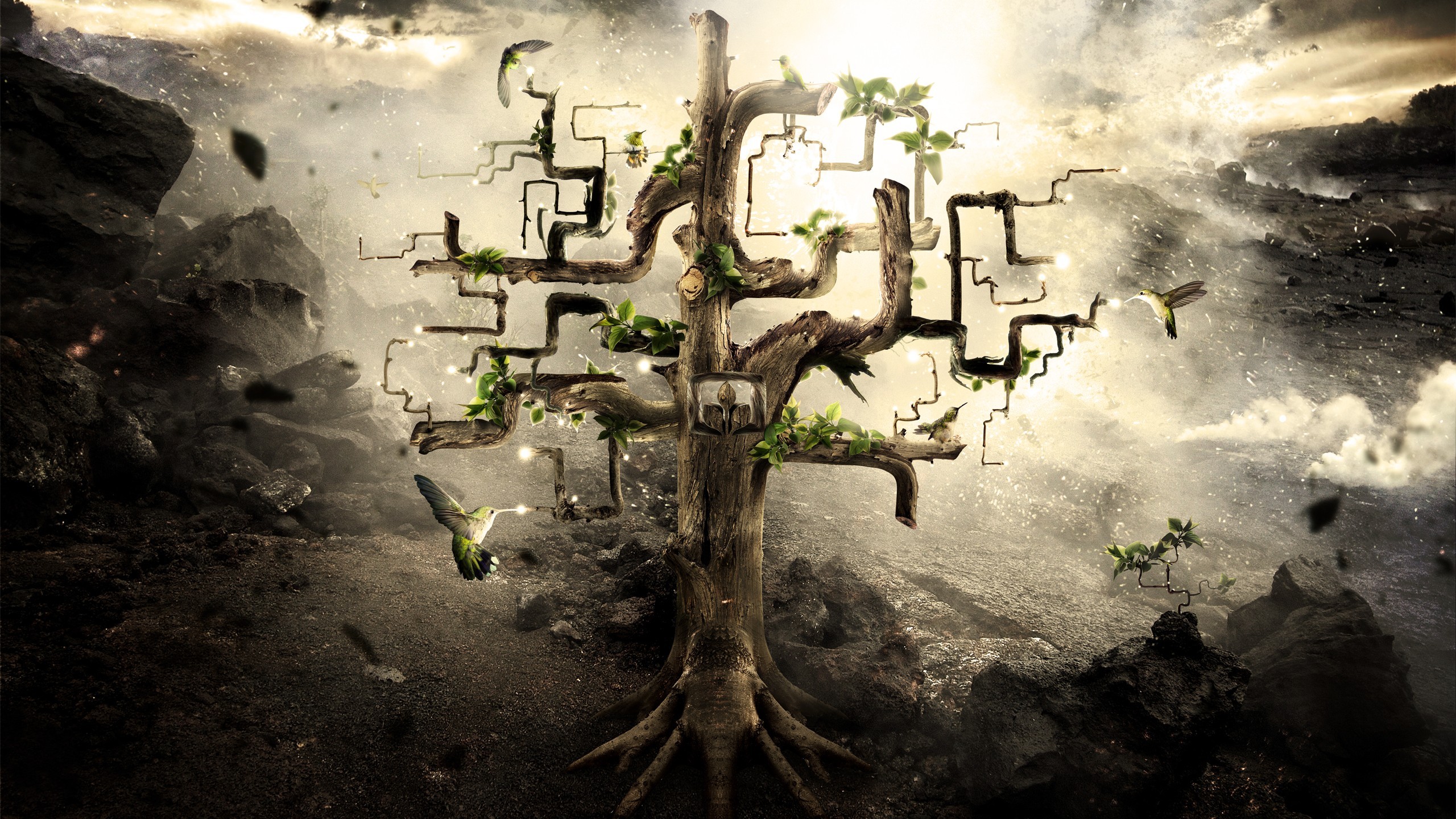 Abstract tree with pipes and hummingbirds HD Wallpaper