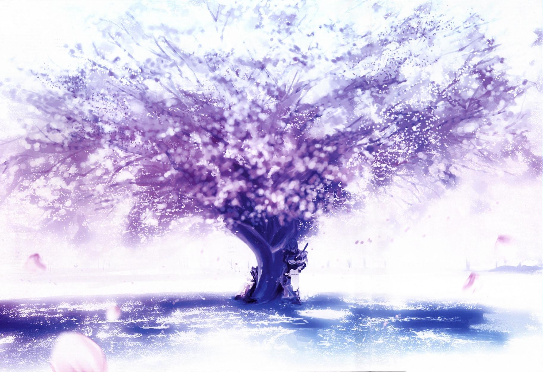 A large cherry blossom tree with two figures HD Wallpaper