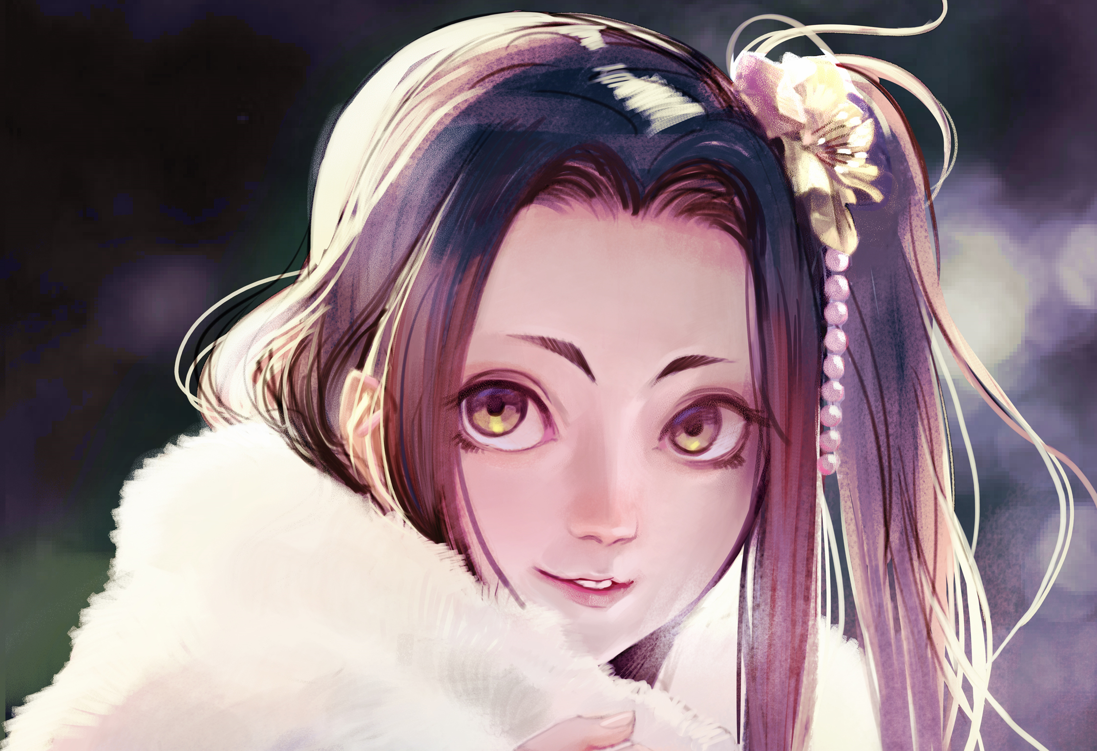 Anime girl with flower in hair and fur coat HD Wallpaper