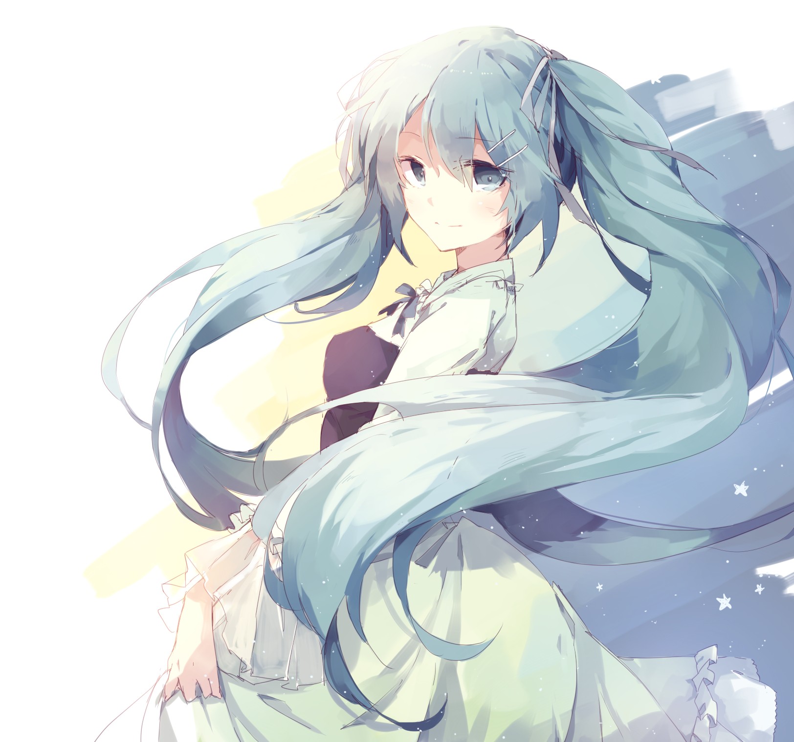 Hatsune Miku with long twintails and a white dress HD Wallpaper