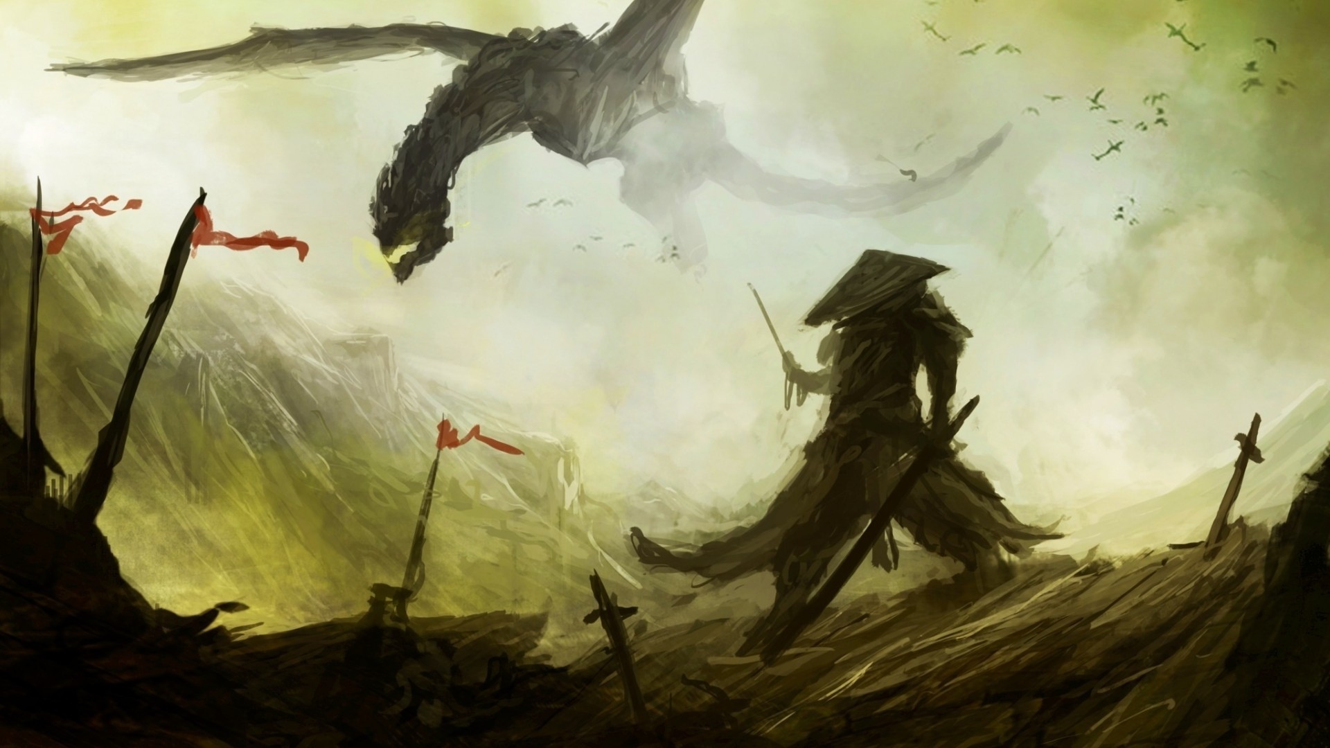 Dragon and Samurai Warrior in a Misty Landscape HD Wallpaper