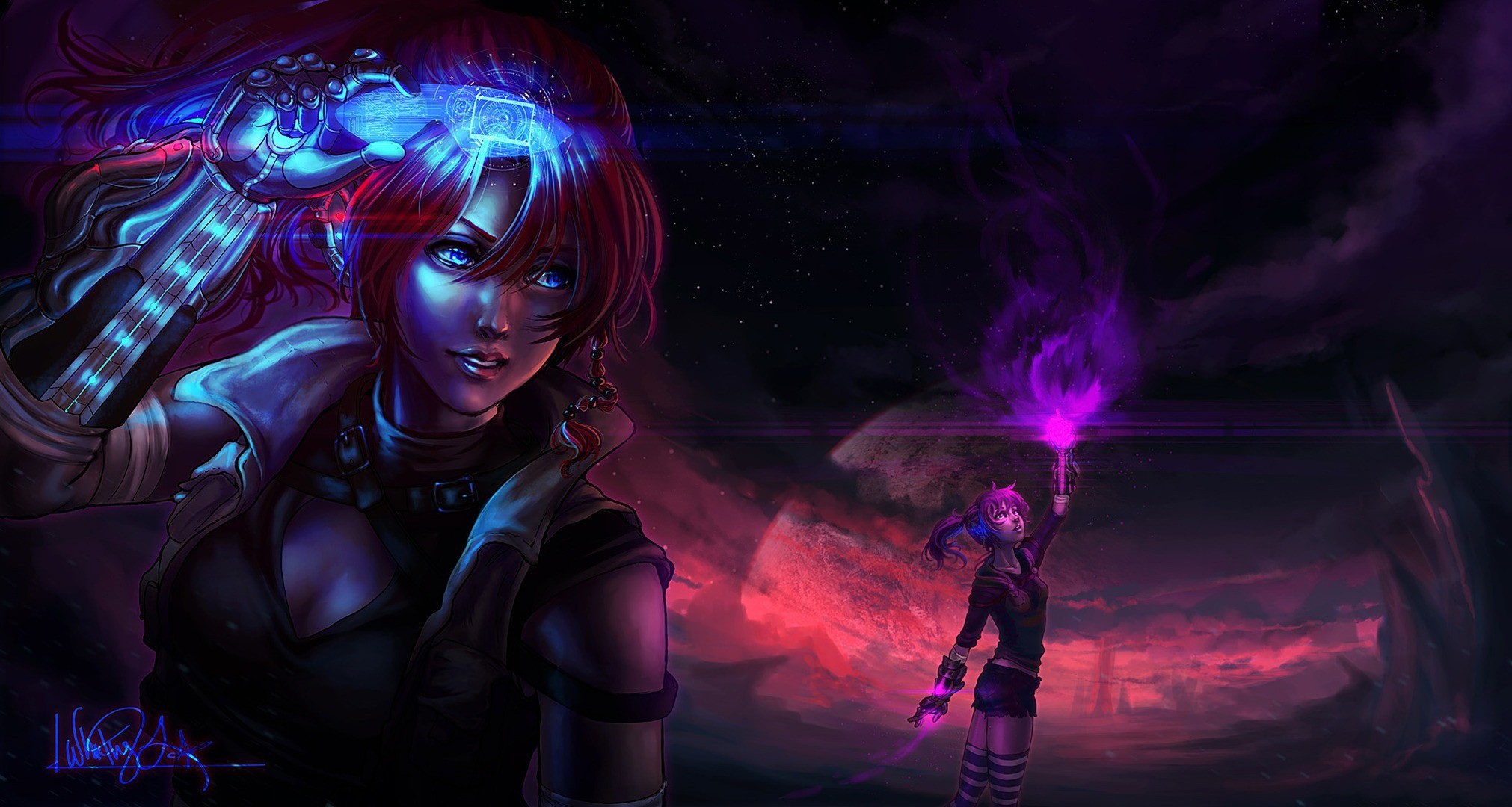 Two women with glowing devices in a dark, cosmic landscape HD Wallpaper