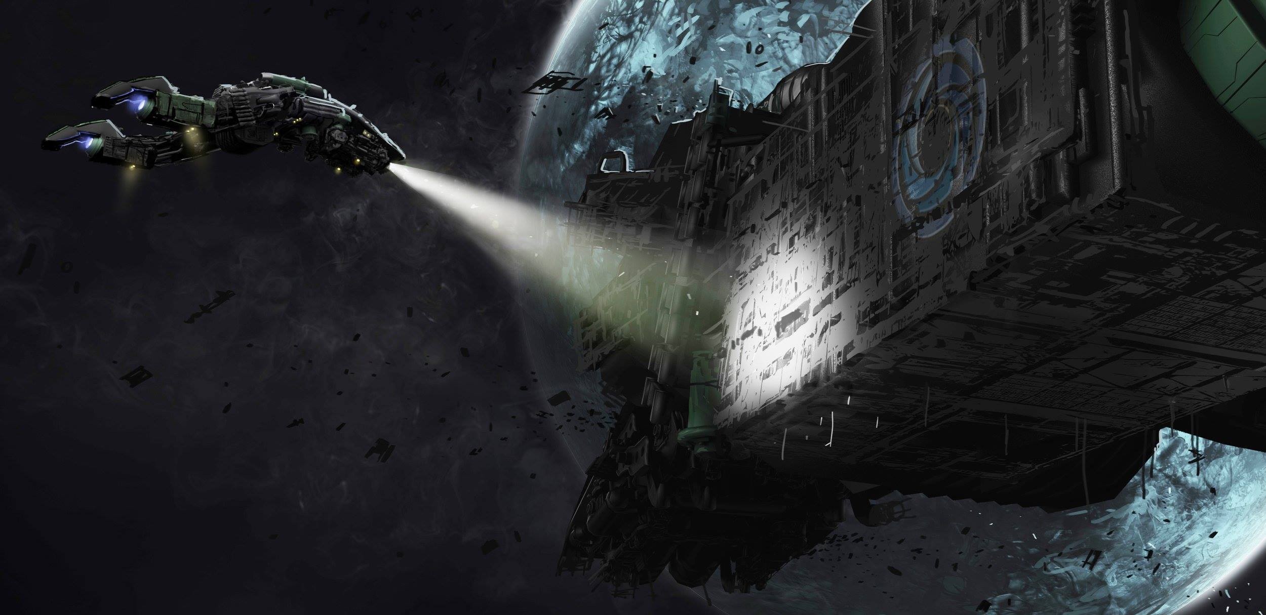 Spaceship firing beam at damaged space station near planet HD Wallpaper
