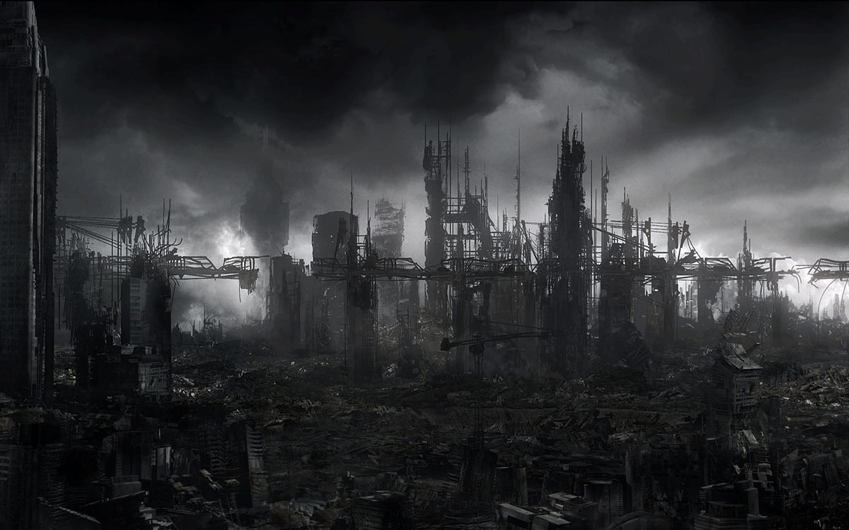 Apocalyptic futuristic city ruins under dark clouds HD Wallpaper