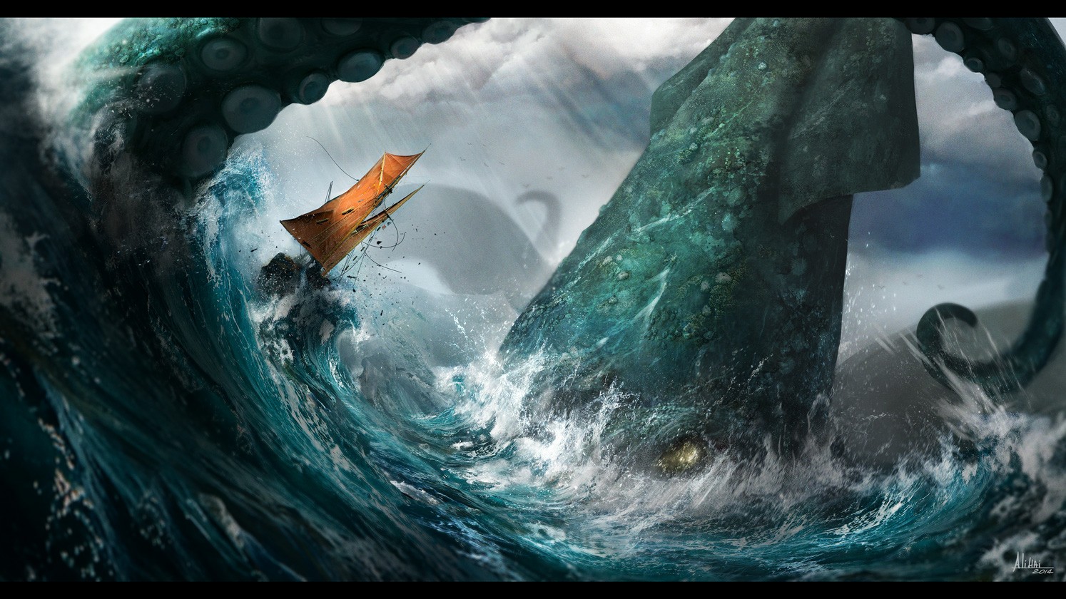 Giant squid attacking a sailing ship in stormy seas HD Wallpaper