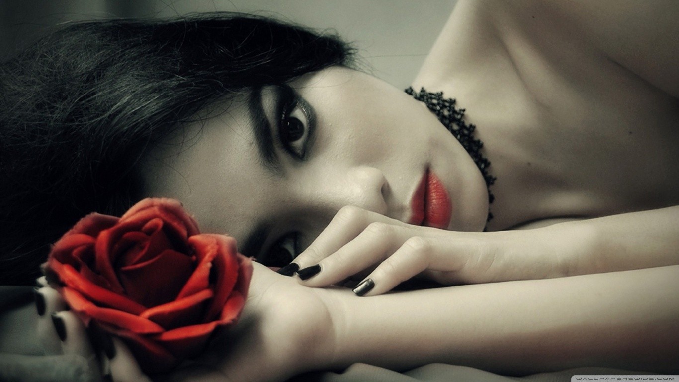 Woman with black hair and red rose HD Wallpaper