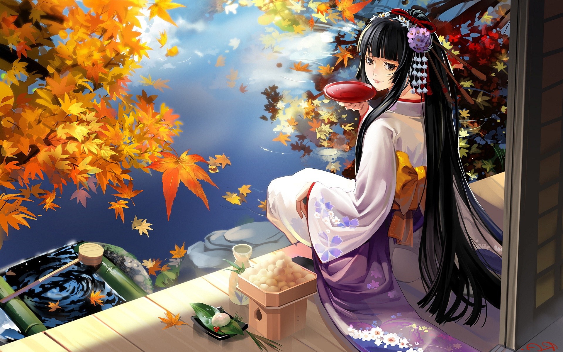 Anime girl in kimono drinking from a red cup HD Wallpaper