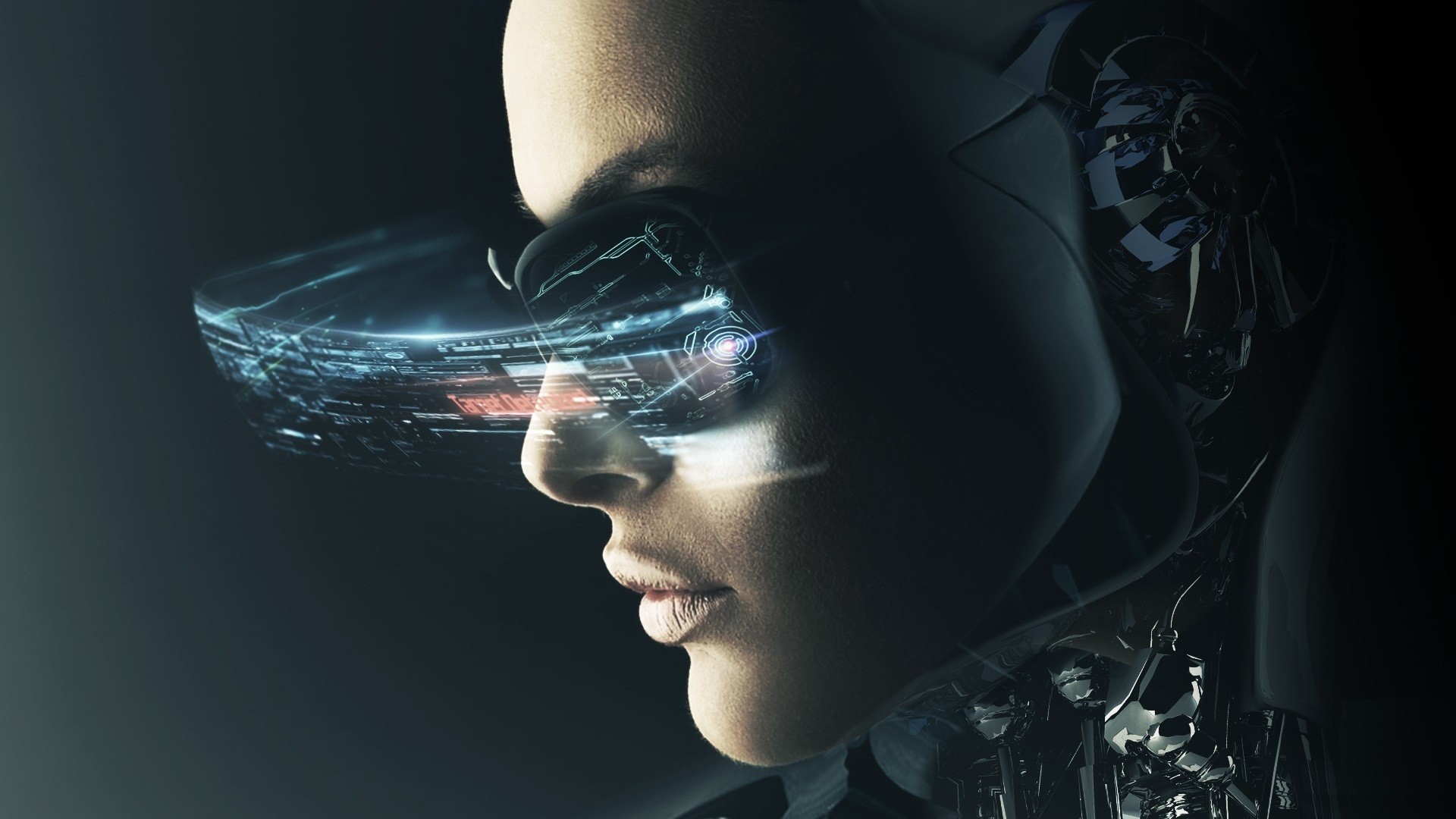 Cyberpunk woman wearing futuristic VR goggles HD Wallpaper