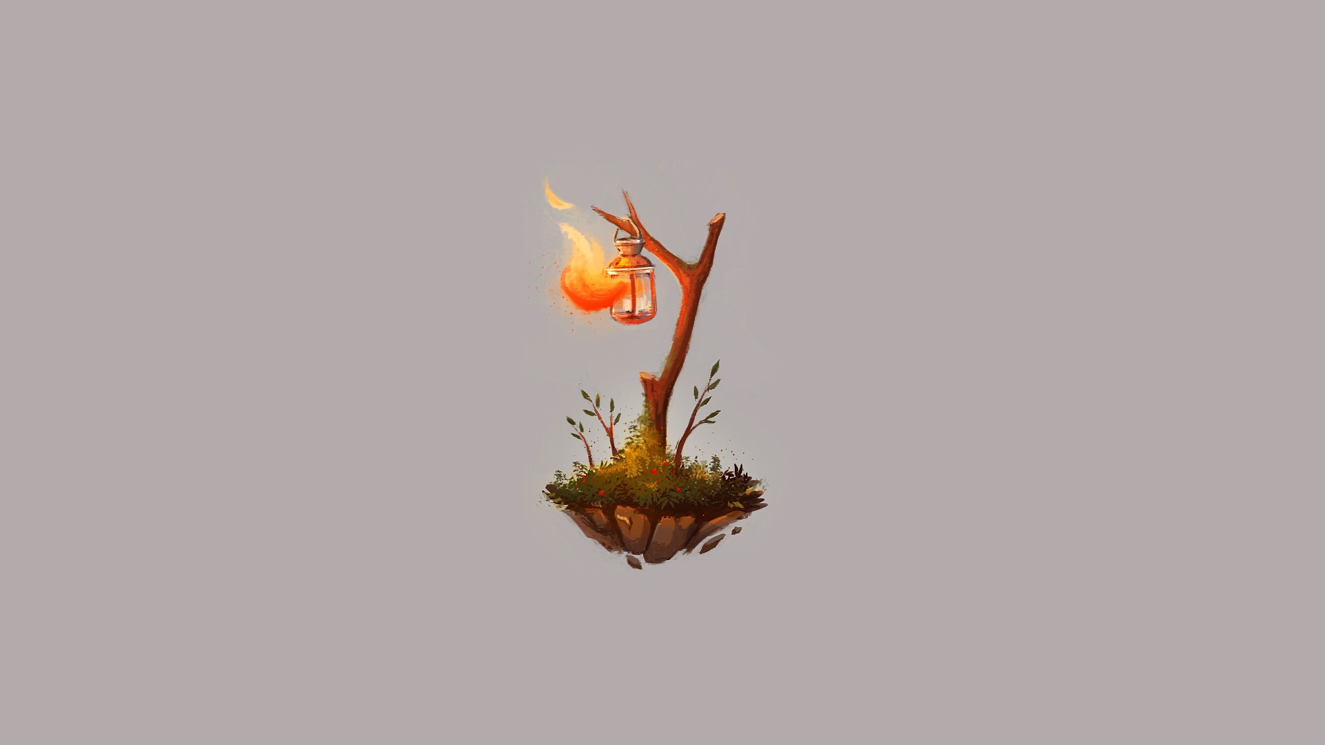 Floating island with a burning lantern on a tree HD Wallpaper