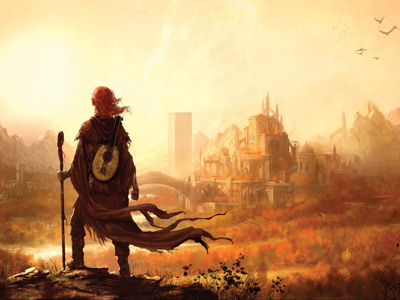 Kvothe with a lute and staff overlooking a fantasy city HD Wallpaper