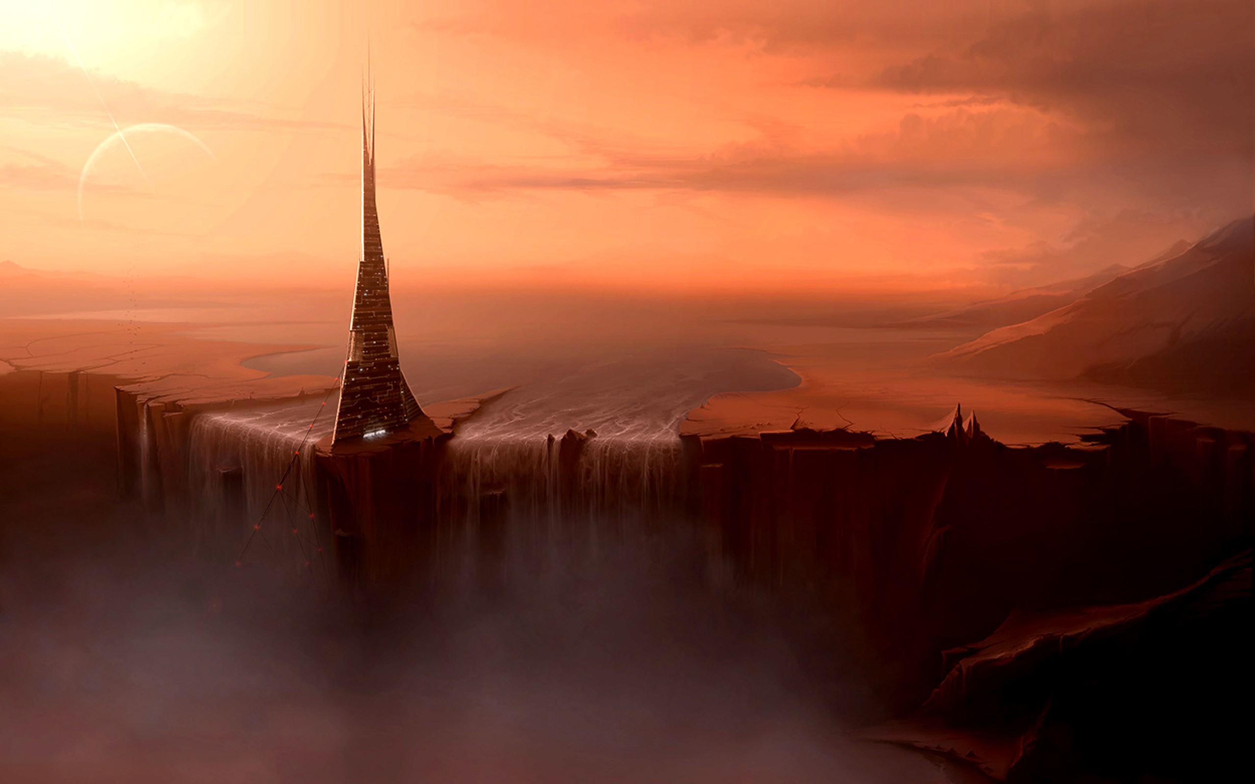 Futuristic tower on a cliff overlooking a waterfall HD Wallpaper