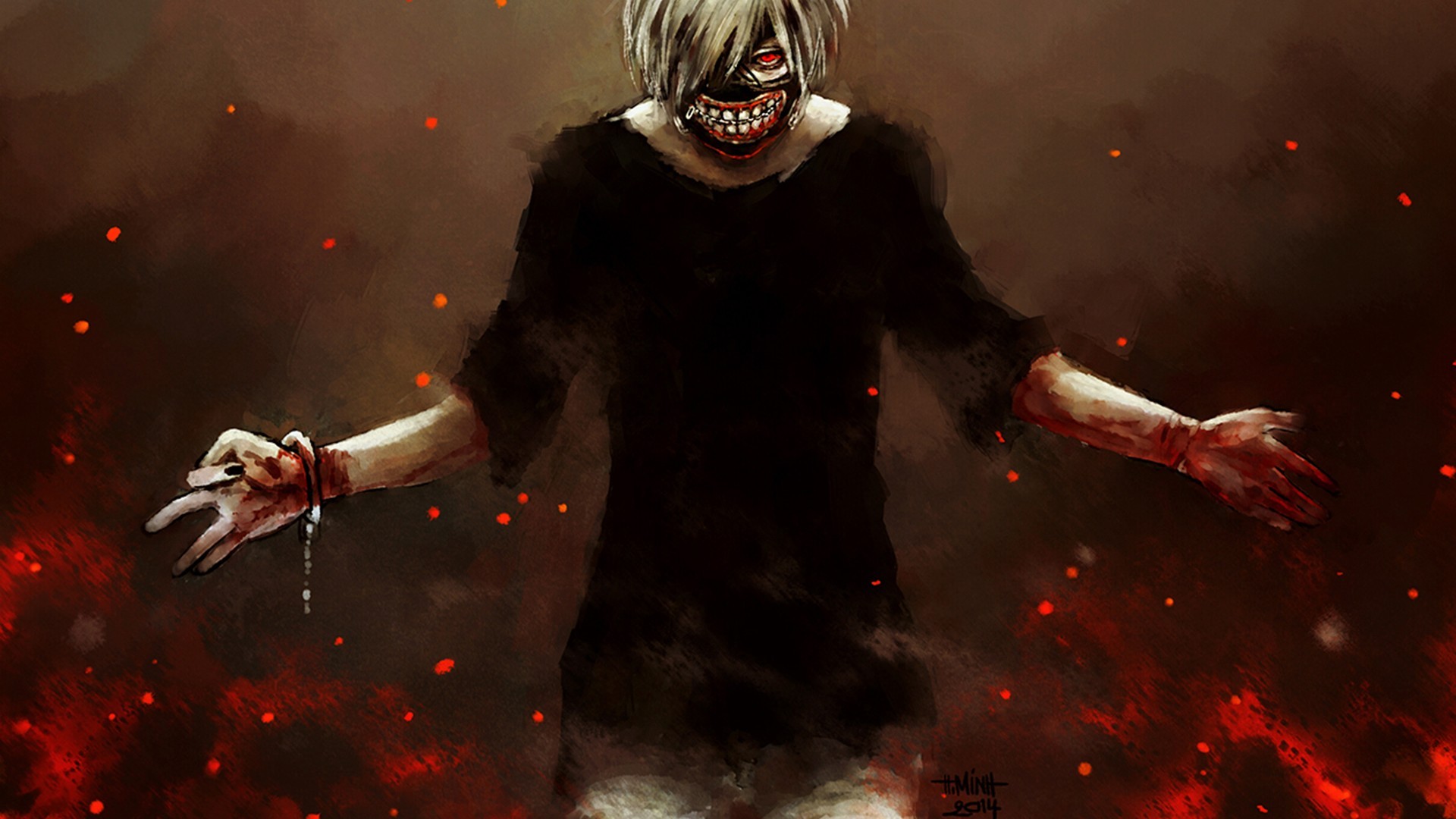 Tokyo Ghoul: Kaneki Ken in a fiery scene HD Wallpaper