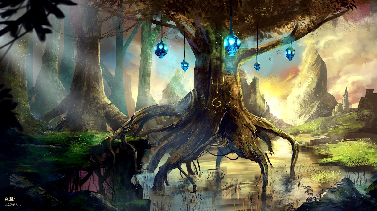 Fantasy forest with glowing lanterns and ancient tree HD Wallpaper