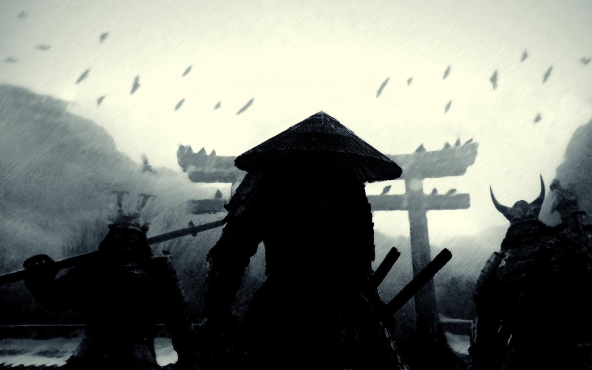 Samurai warriors stand before a torii gate HD Wallpaper