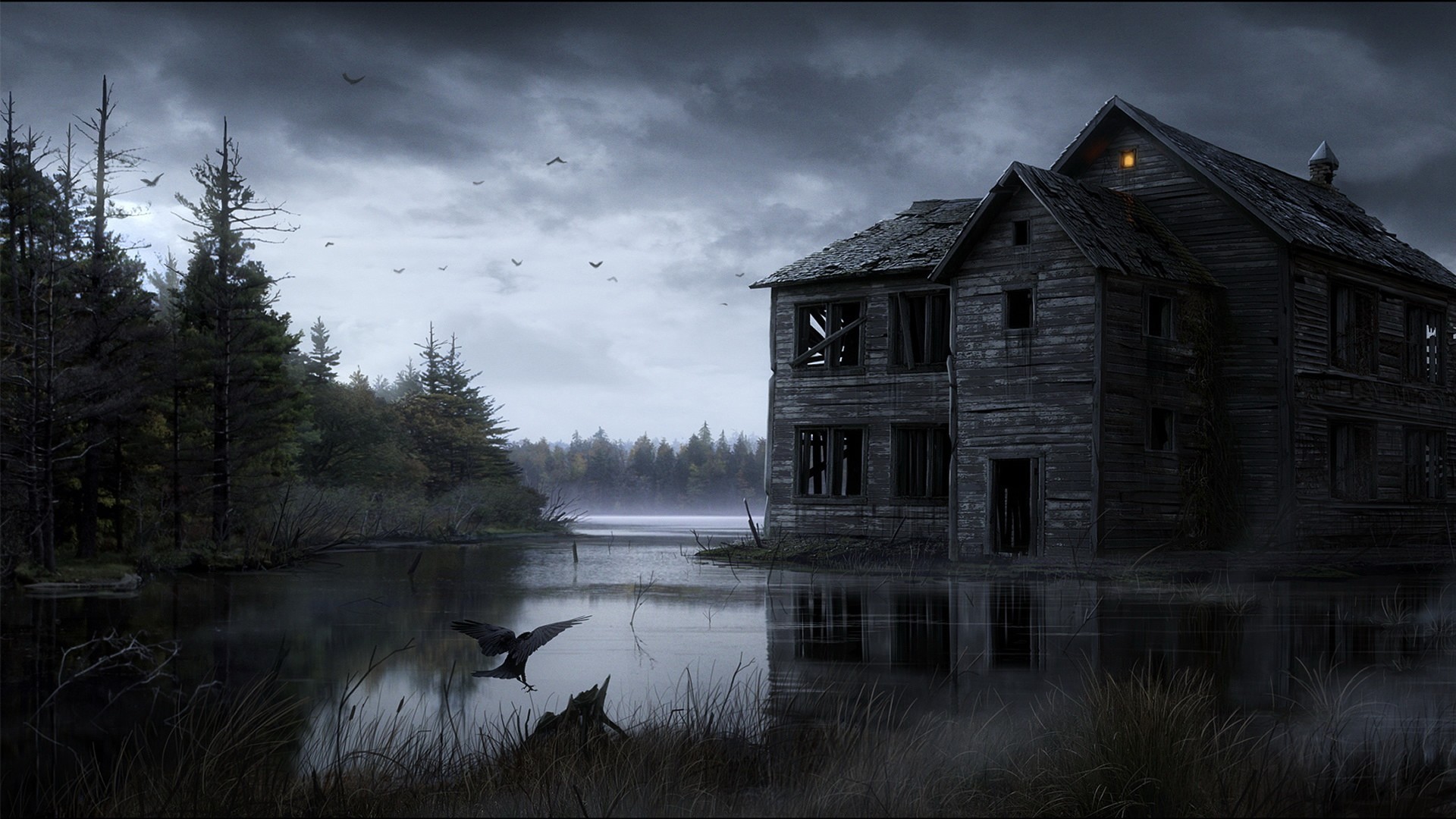 Abandoned house by a dark lake with a crow HD Wallpaper