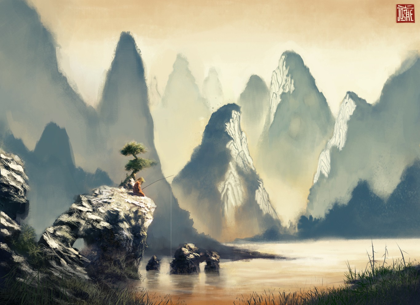 Fantasy art of a monk fishing in a misty mountain landscape HD Wallpaper