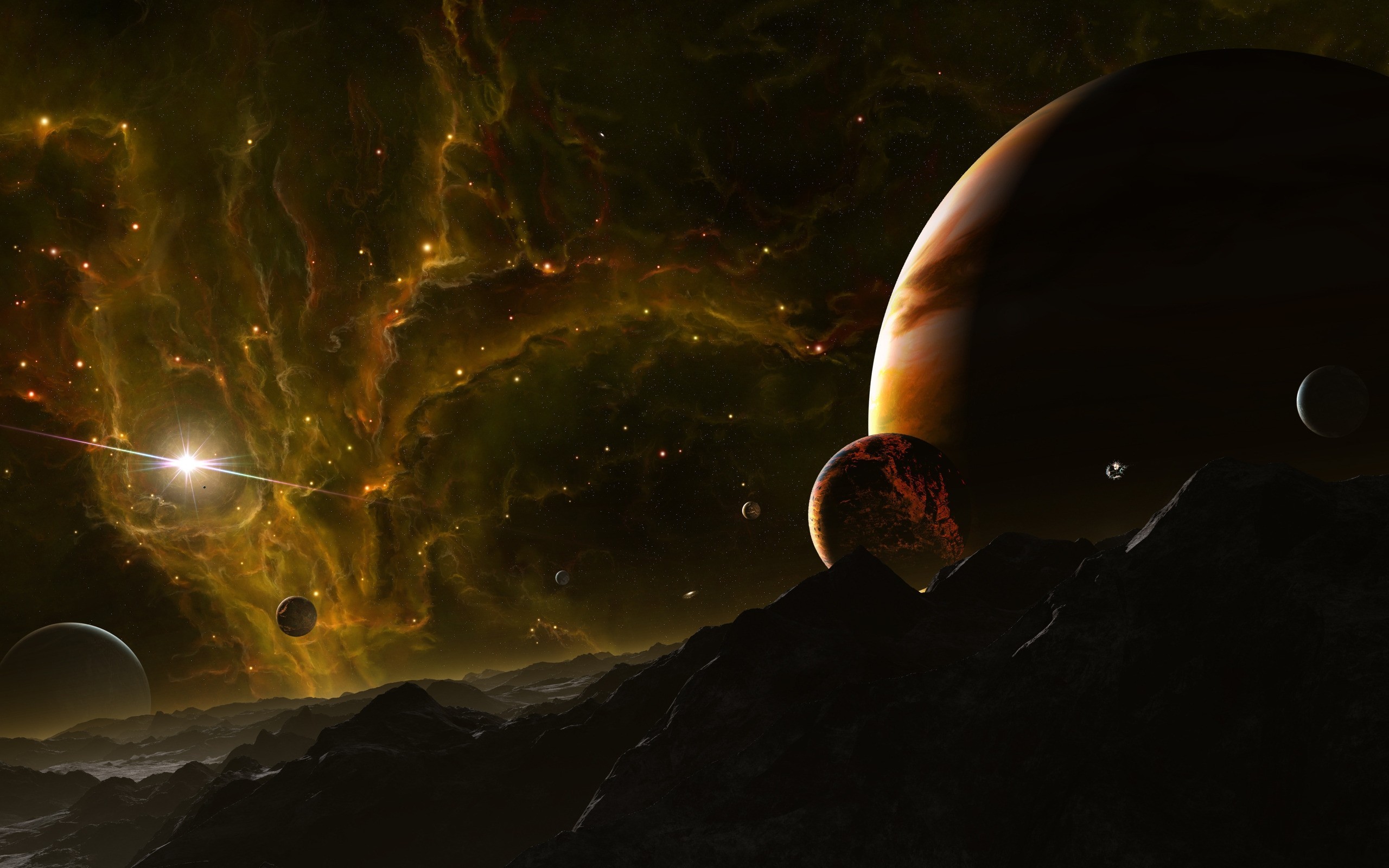 Planets and nebula in outer space HD Wallpaper