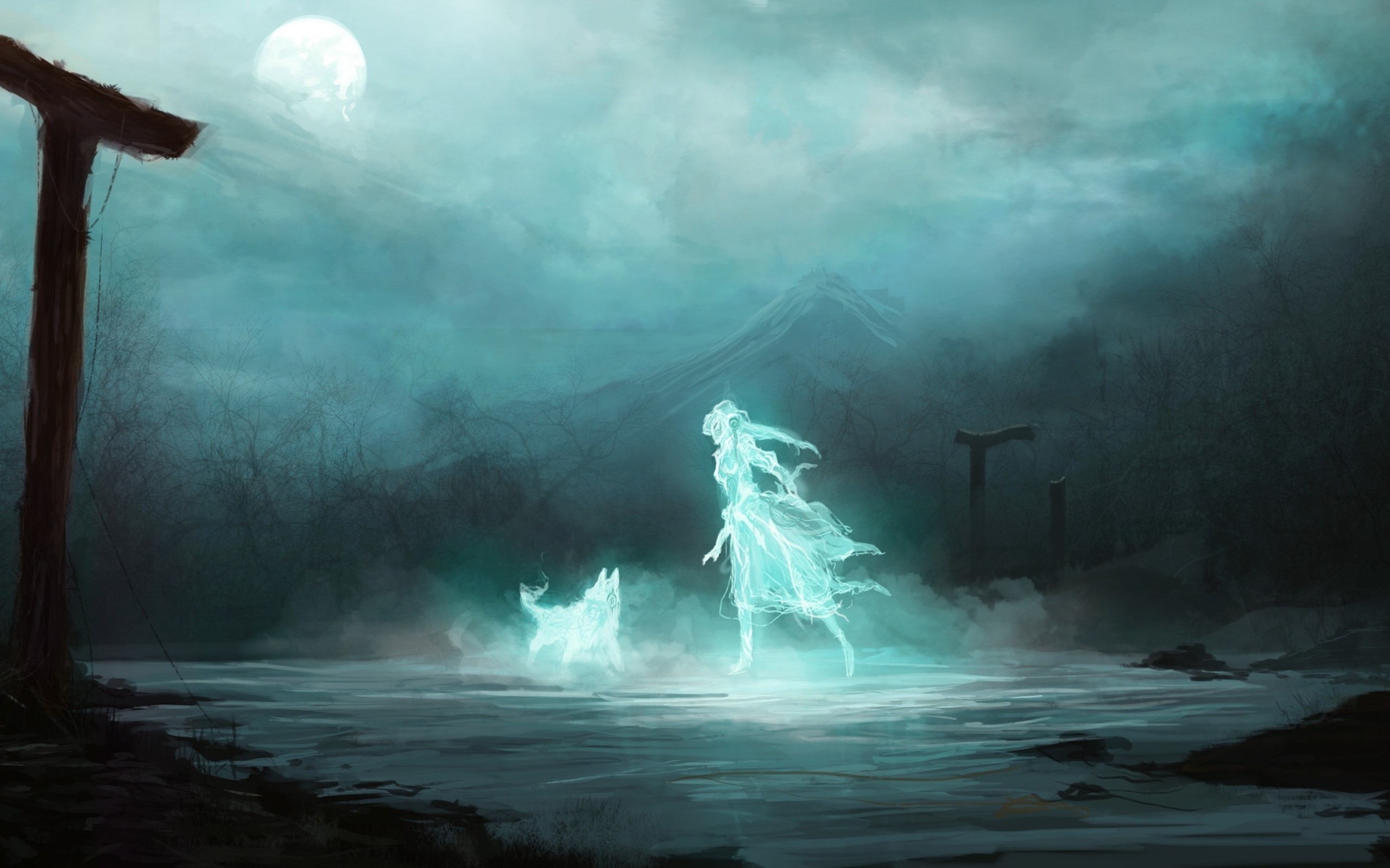 Fantasy art of a ghostly woman and dog HD Wallpaper