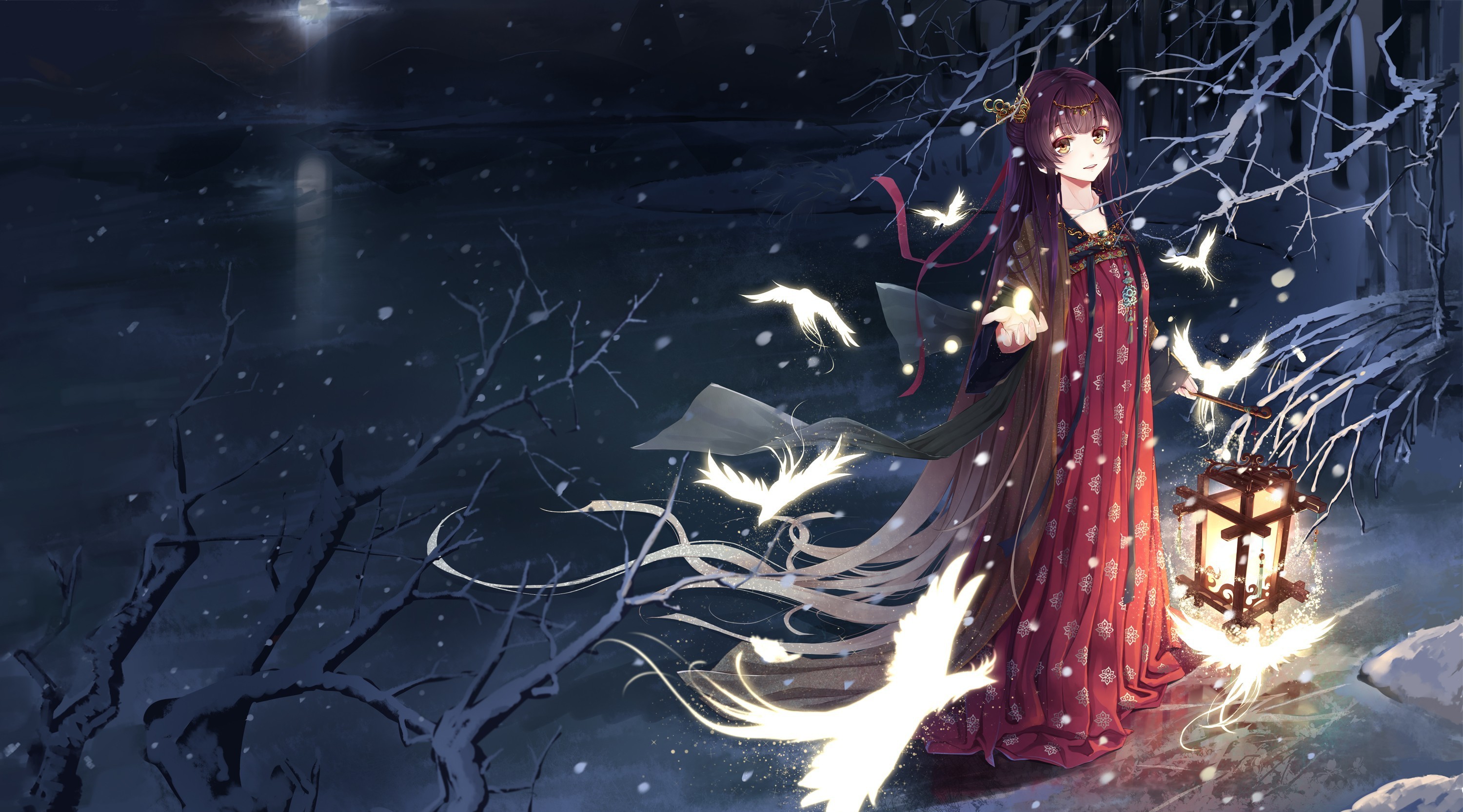 Anime girl with lantern and glowing birds in snow HD Wallpaper