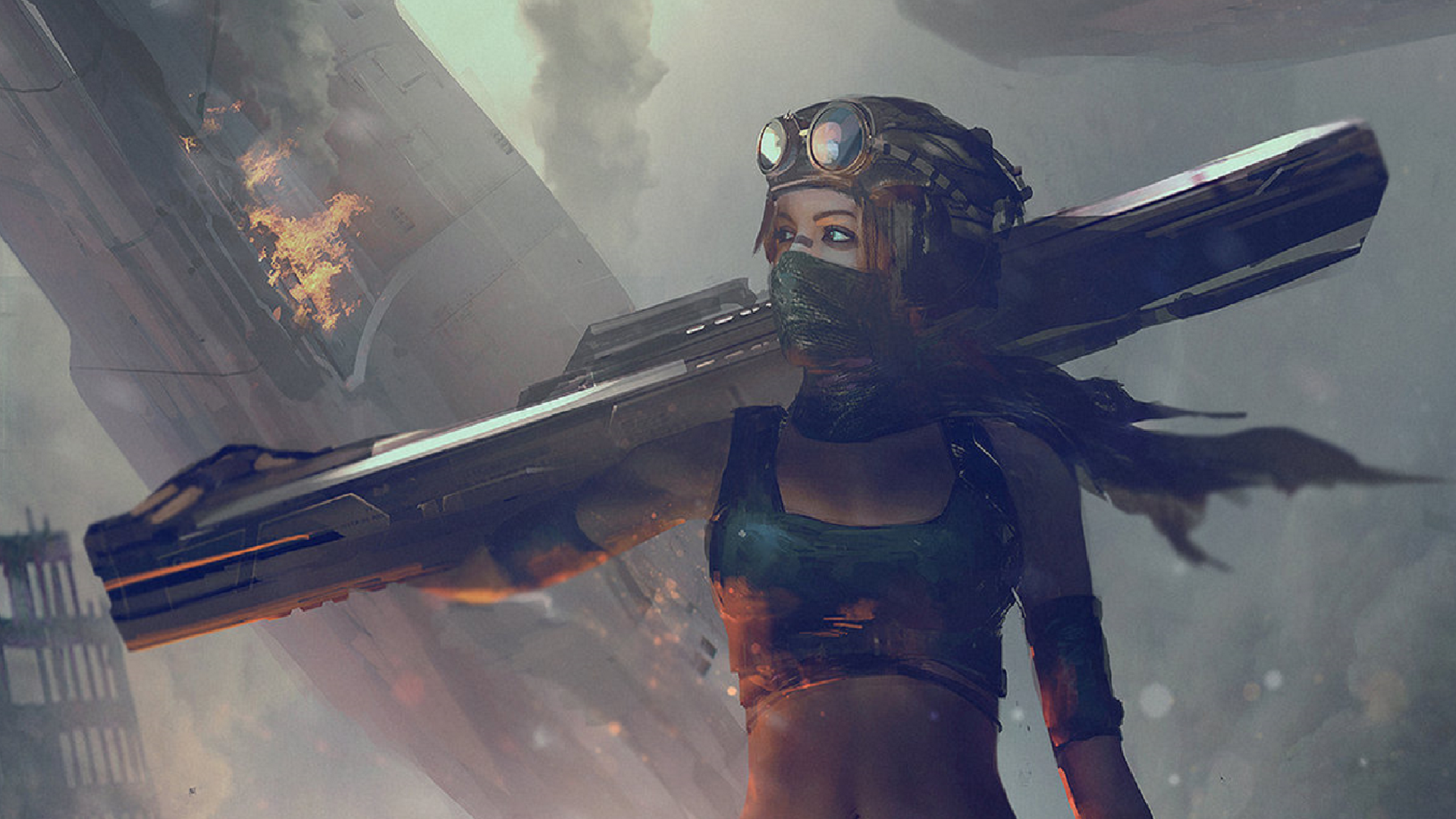 Woman with railgun in a destroyed city HD Wallpaper