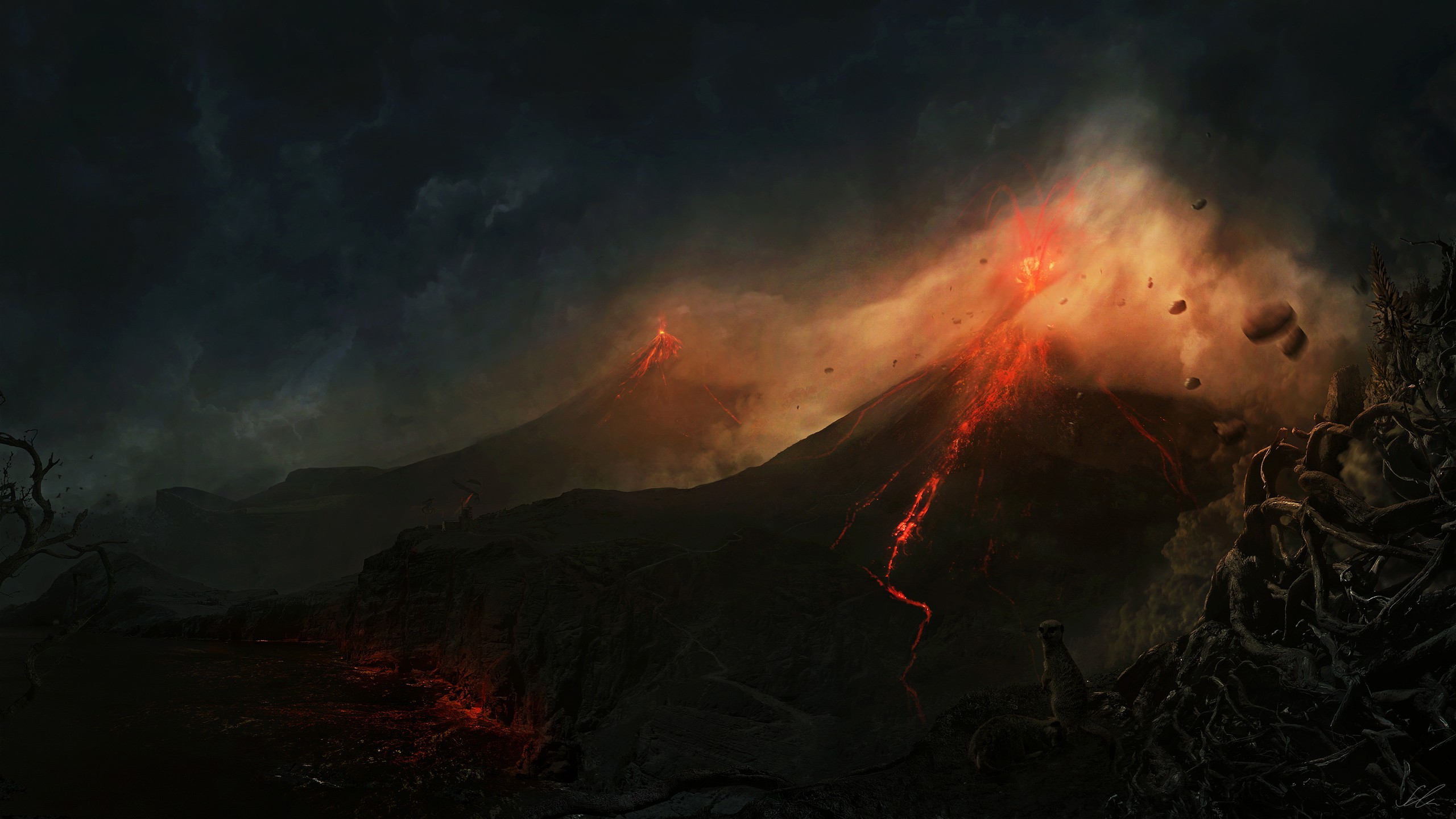 Volcanic eruption with lava flows and ash clouds HD Wallpaper