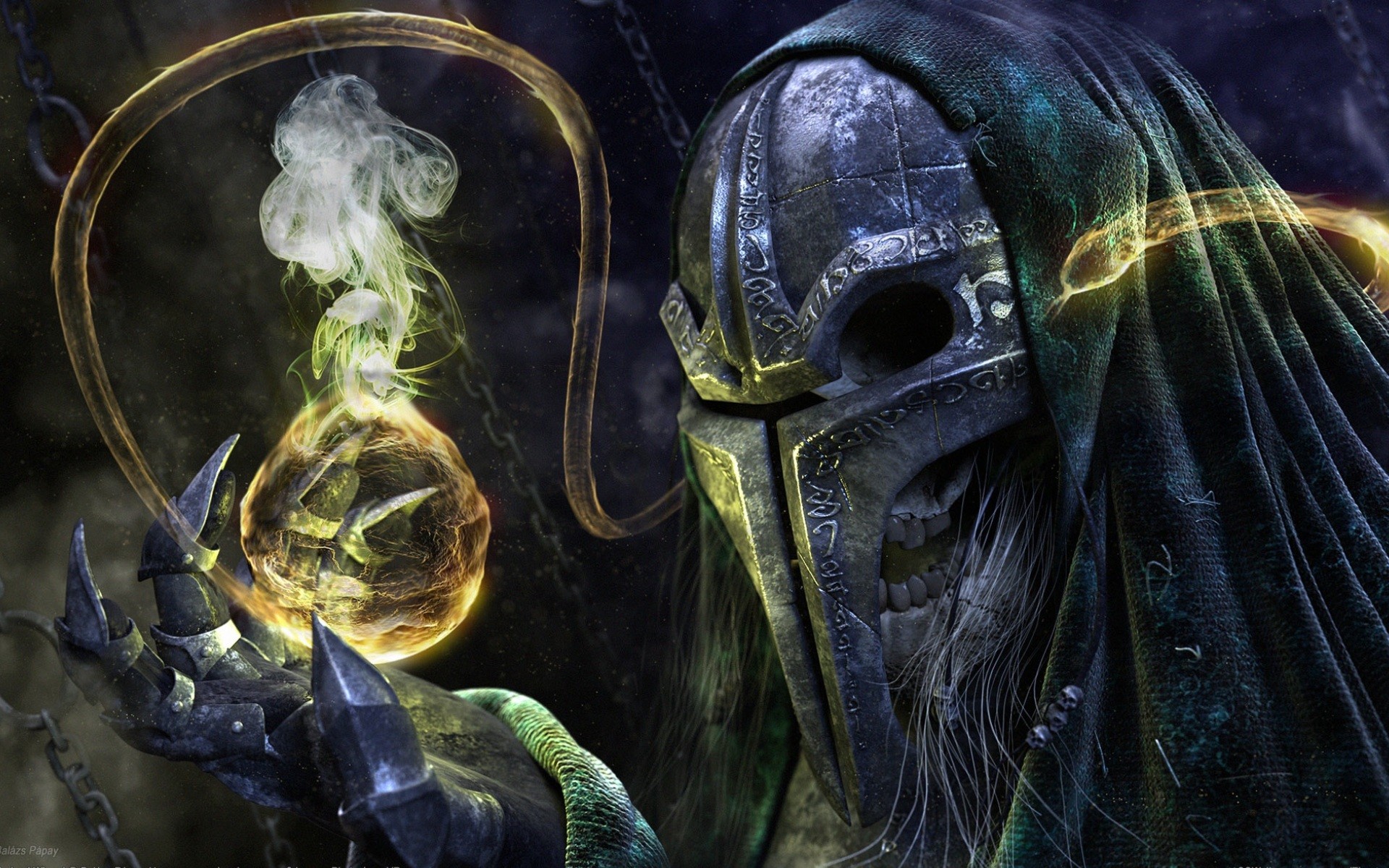 Fantasy art of a hooded figure with a skull orb HD Wallpaper