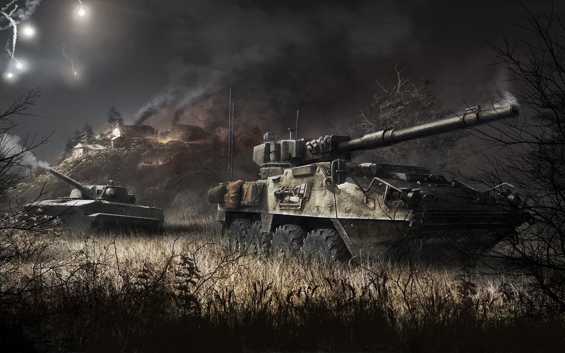 Armored Warfare tanks in a nighttime battle scene HD Wallpaper