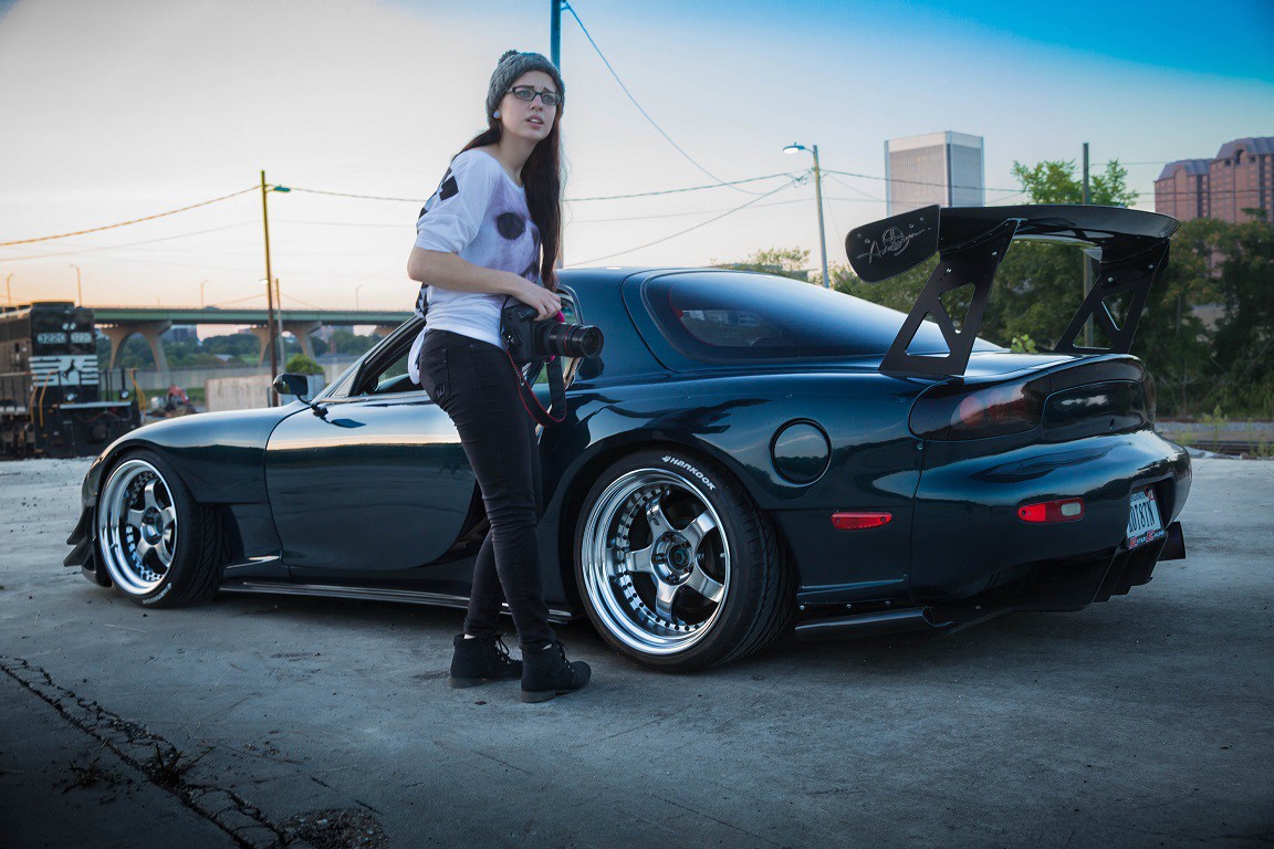 Girl with camera and modified Mazda RX-7 HD Wallpaper